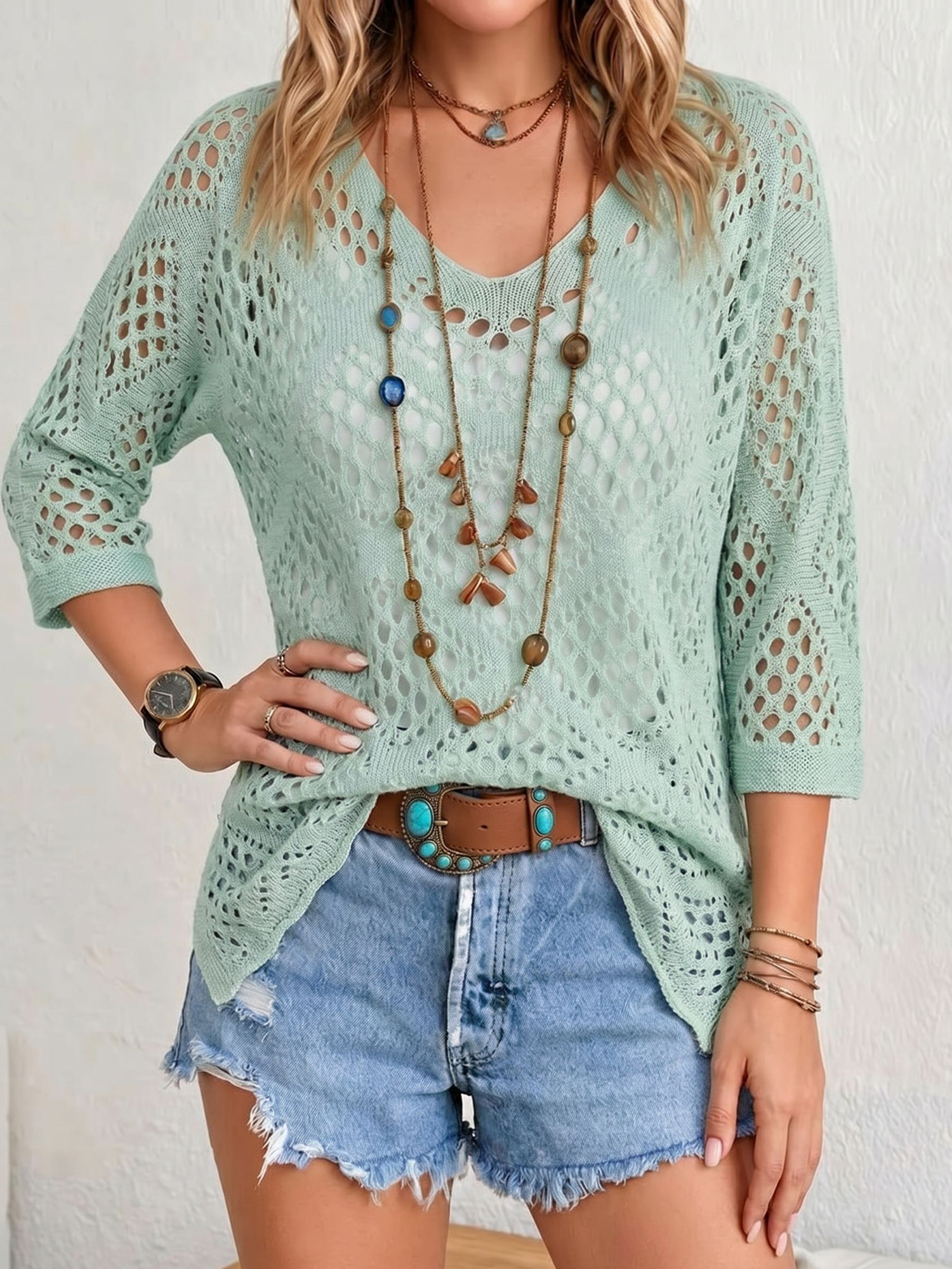 Hollow-out Batwing Sleeve Crochet Cover Up Green/XS
