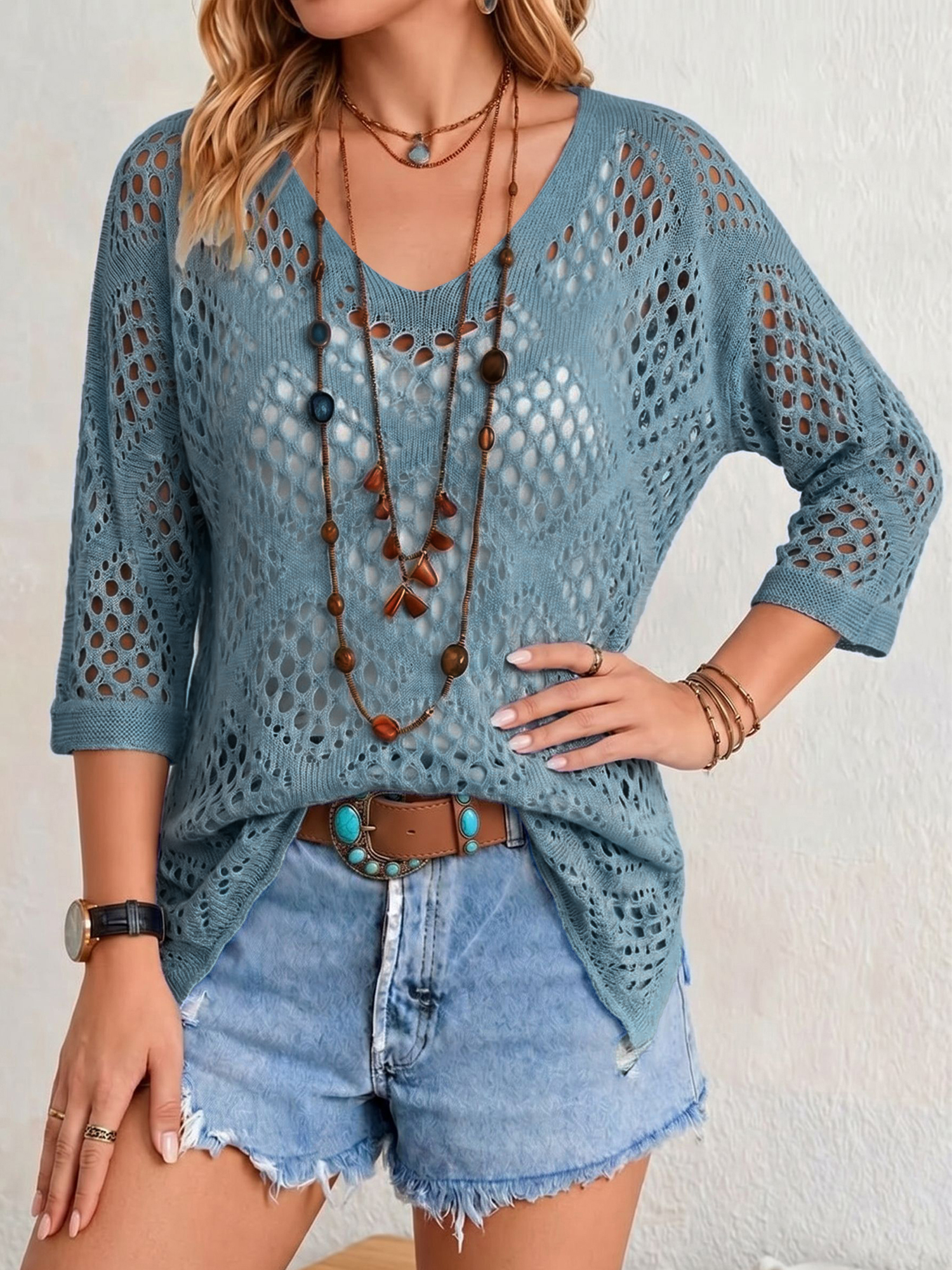 Hollow-out Batwing Sleeve Crochet Cover Up Blue/XS