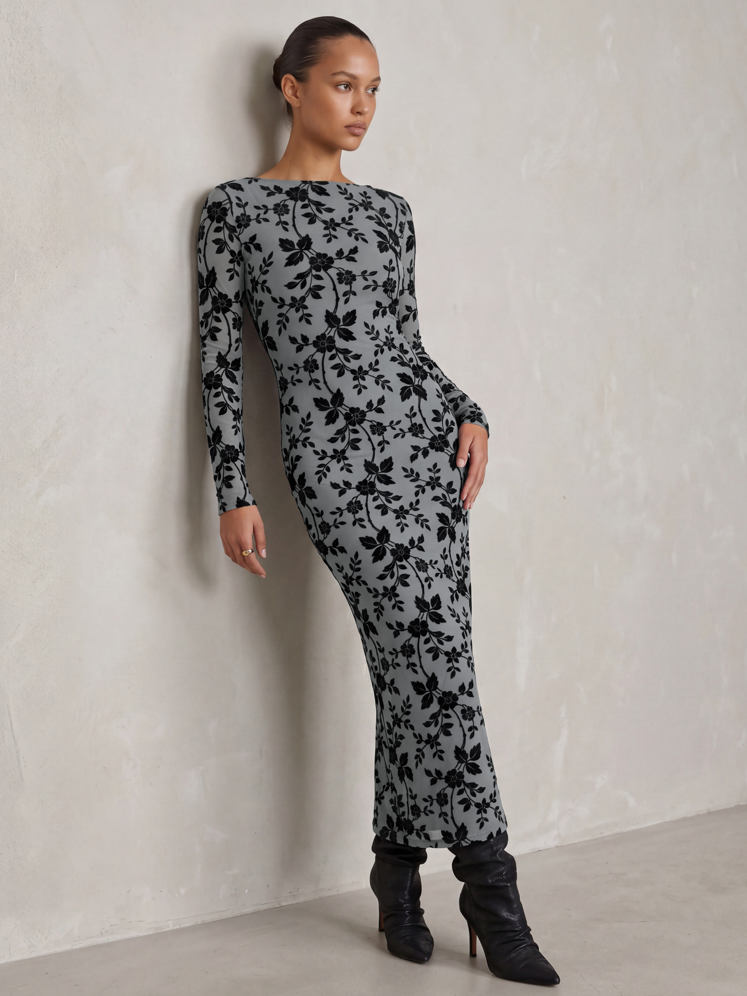 Flock Floral Mesh Bodycon Long Sleeve Night Out Dress Grey/L