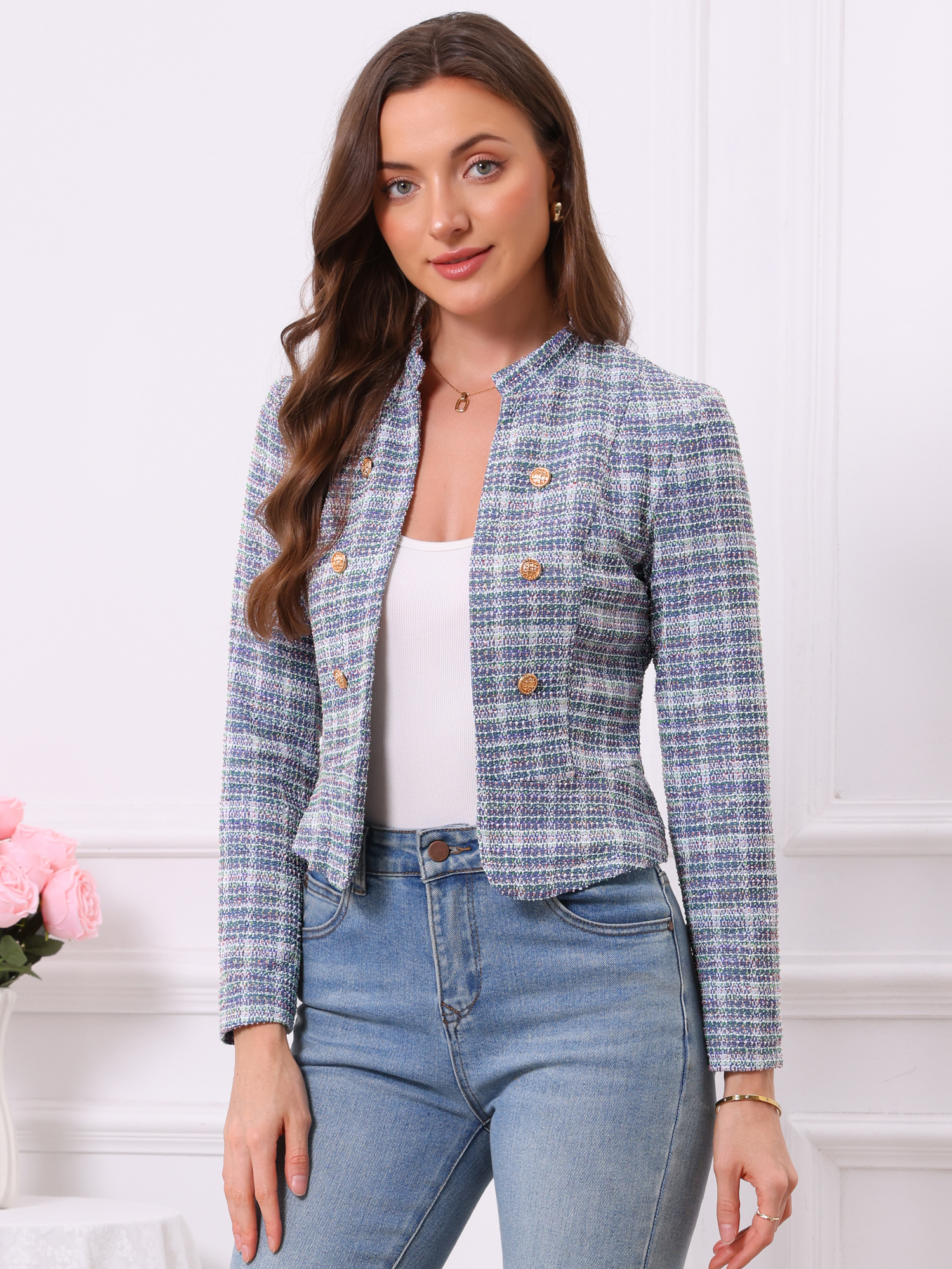 Vintage Tweed Plaid Slim Fit Work Office Cropped Jacket Grey Blue/S