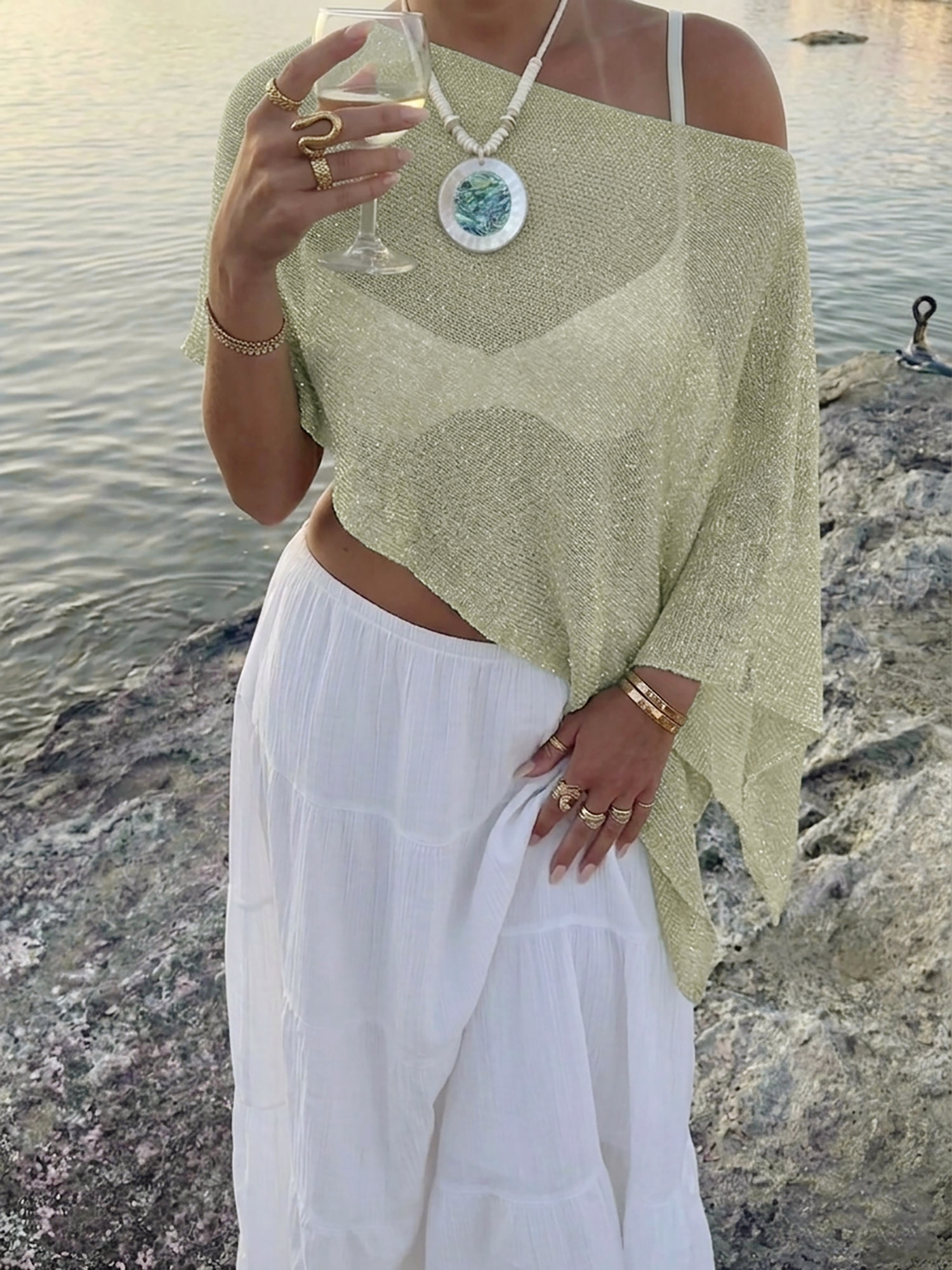 Versatile Semi-Sheer Knitted Vacation Beachwear Cover Up Beige/L
