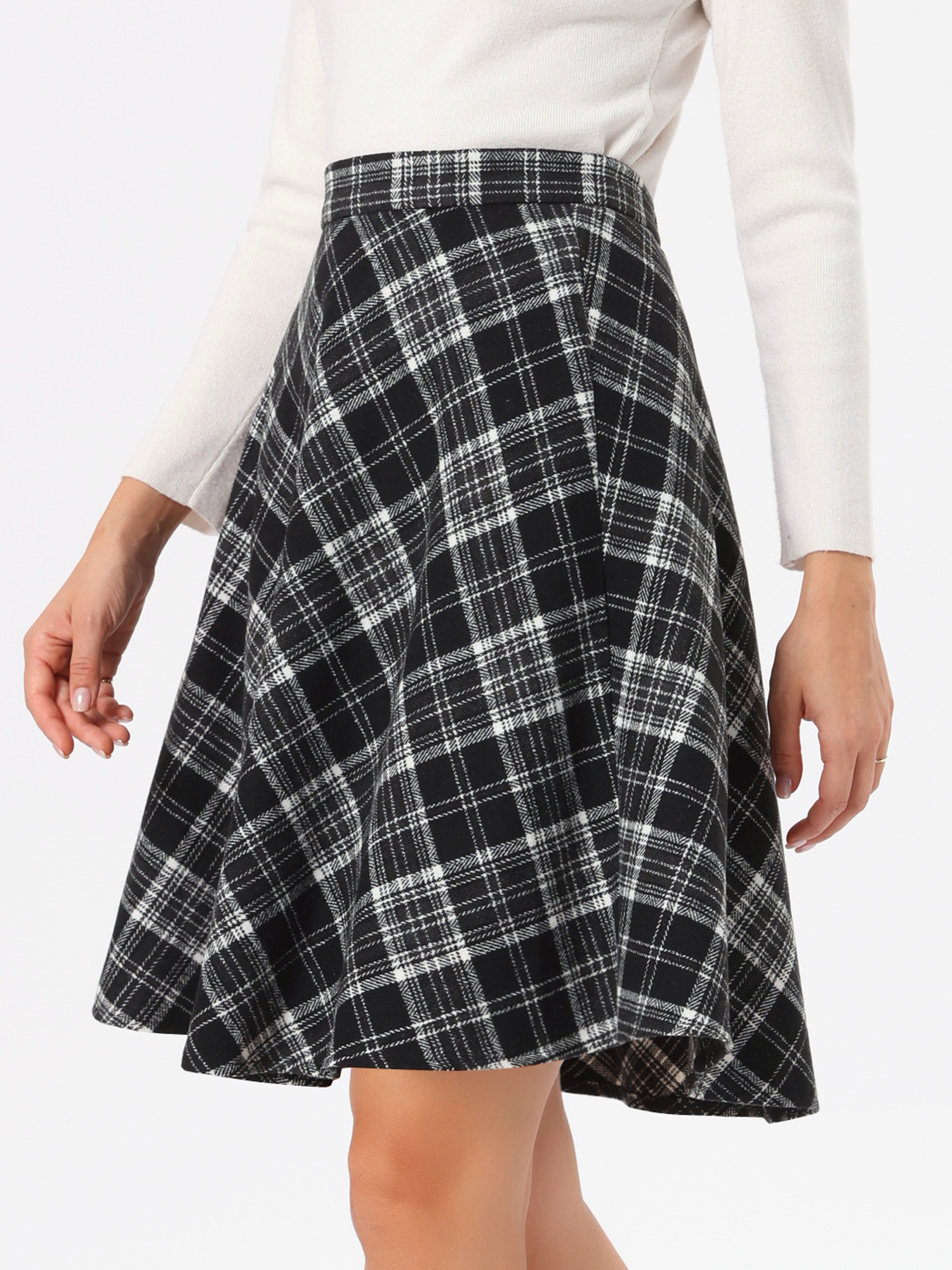 Vintage Plaid Tartan Elastic Waist Knee Length A-Line Skirt Black White/XL