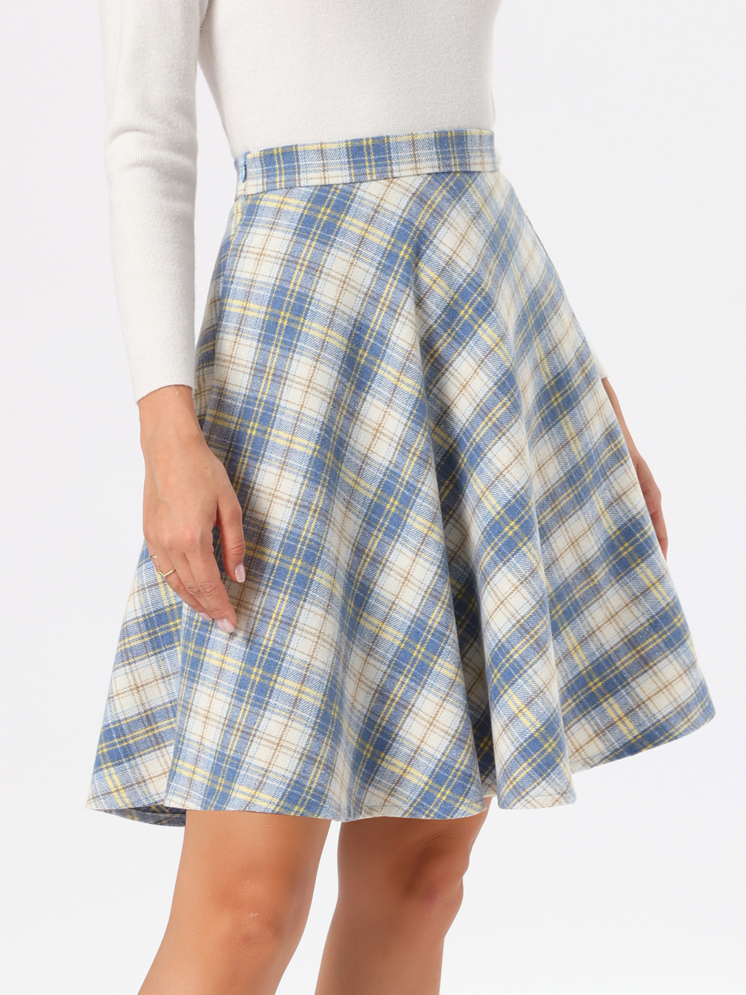 Vintage Plaid Tartan Elastic Waist Knee Length A-Line Skirt Blue White/M