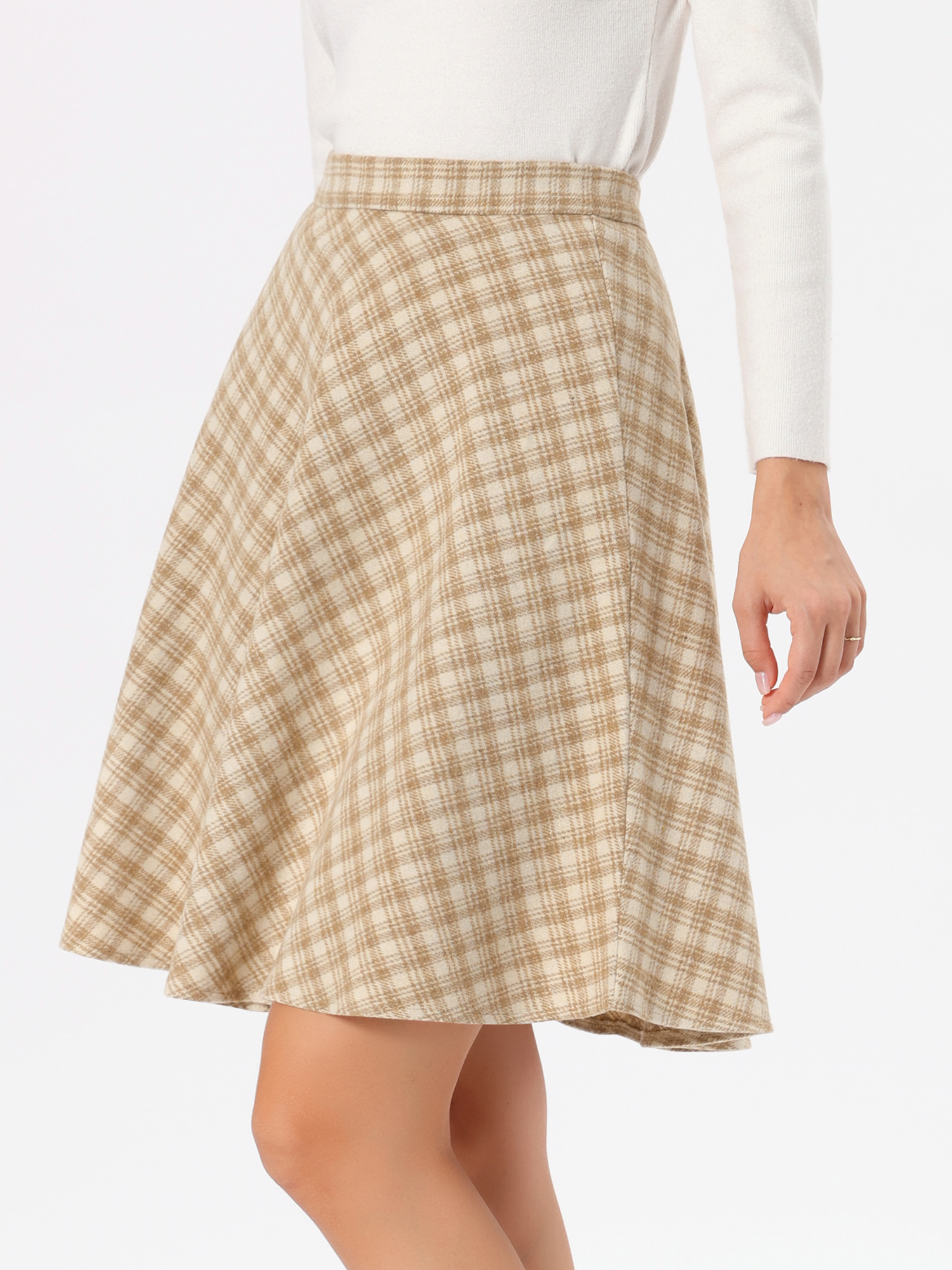 Vintage Plaid Tartan Elastic Waist Knee Length A-Line Skirt Apricot/XS