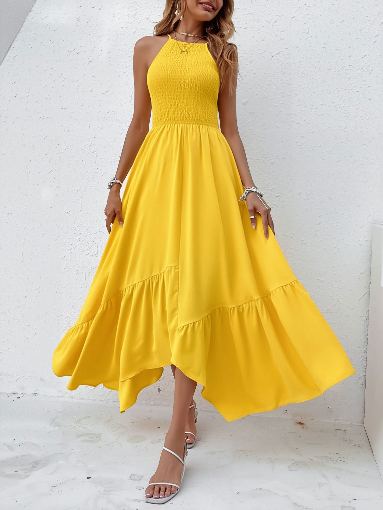Spaghetti Strap Smocked Asymmetrical Hem Casual Dress Yellow/M