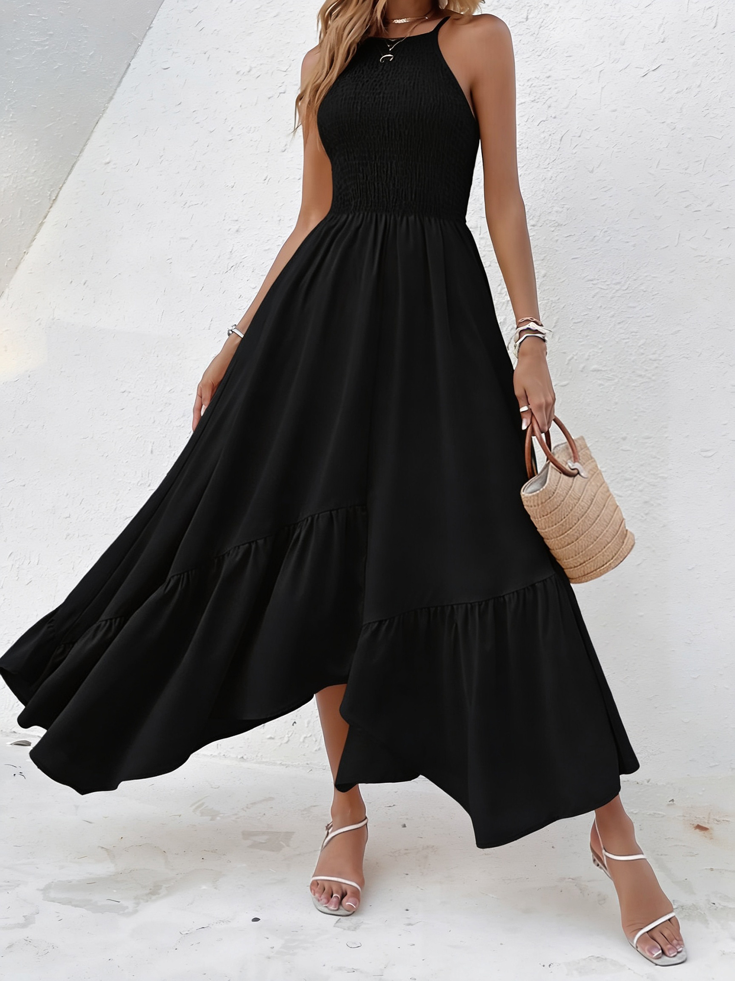 Spaghetti Strap Smocked Asymmetrical Hem Casual Dress Black/S