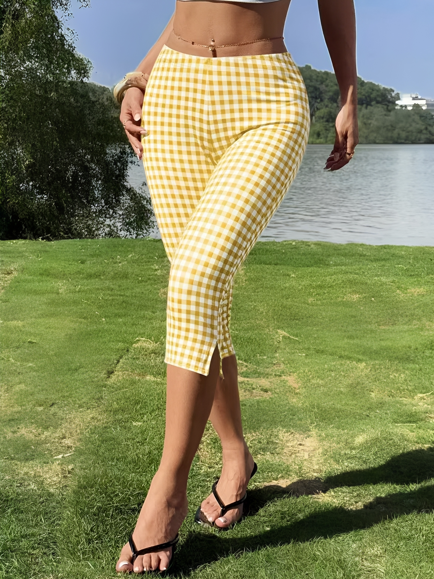 Gingham Polka Dots Casual Slim-Fit Capris Pants Yellow/XL