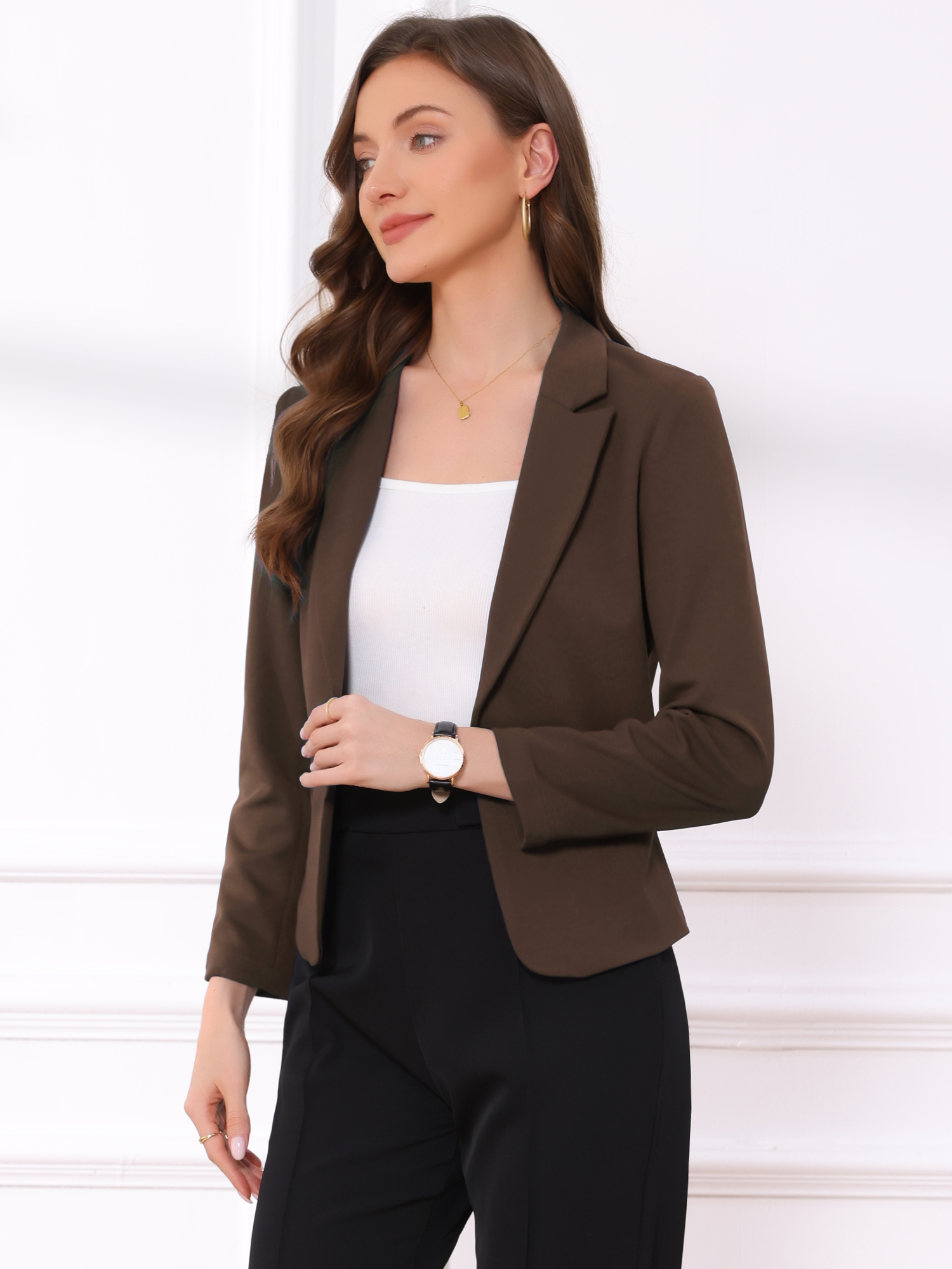 Business Blazer Open Front Office Casual Work Crop Suit Jacket Coffee/XL