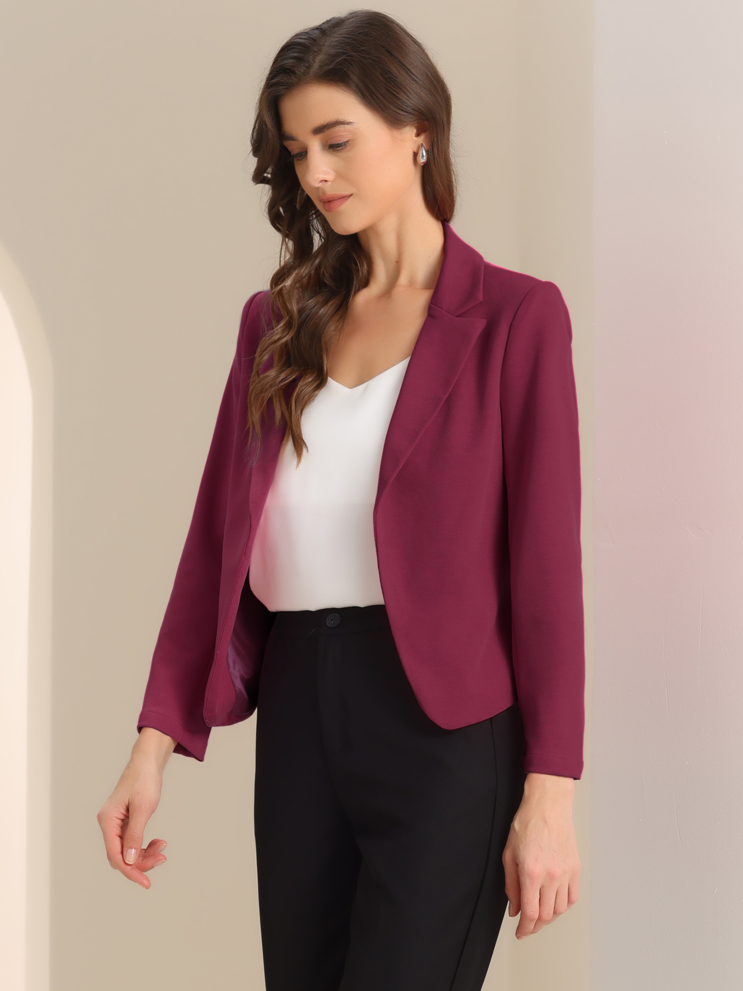 Business Blazer Open Front Office Casual Work Crop Suit Jacket Burgundy/S