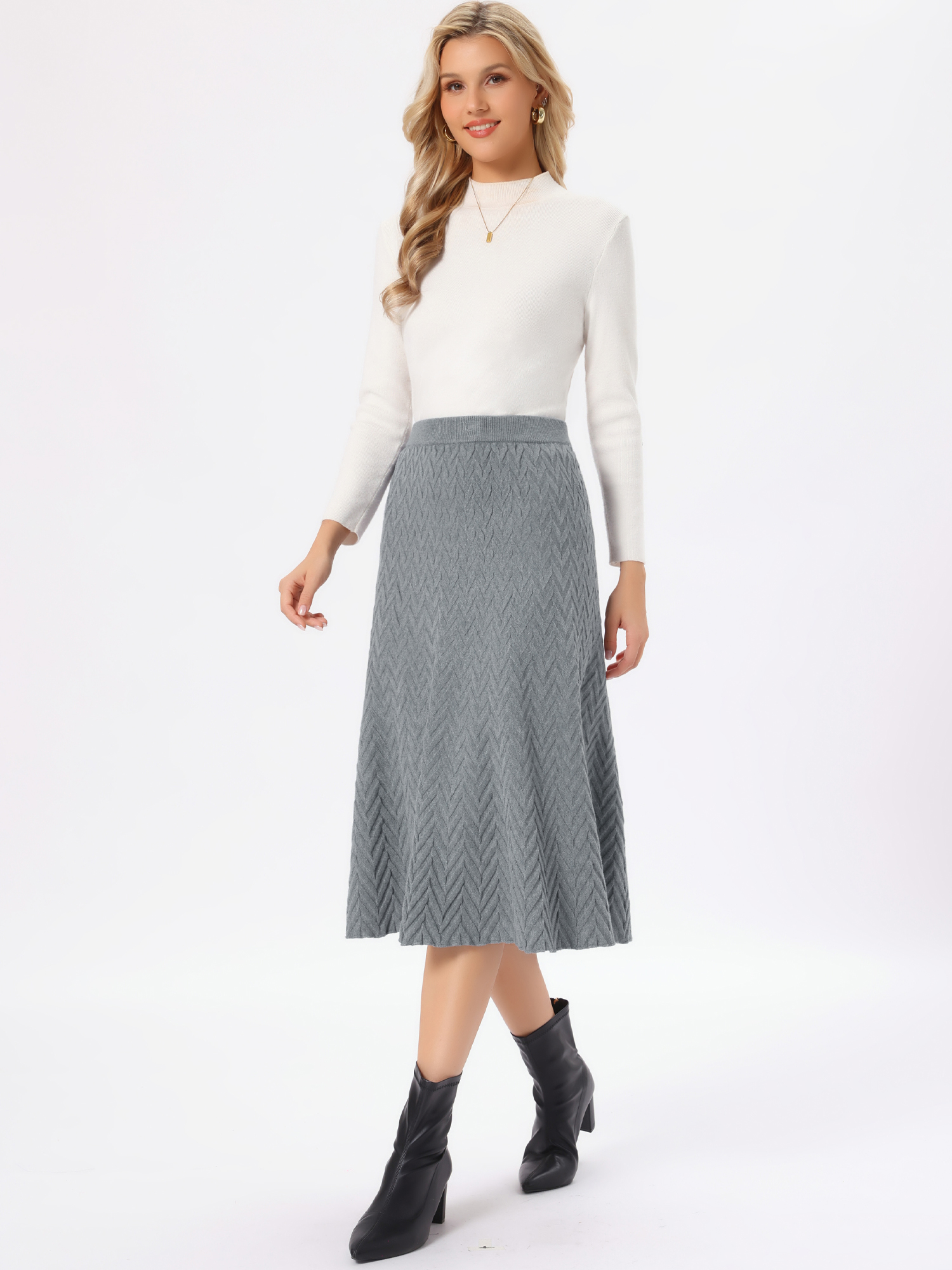 Stretchy Textured Knit Midi Fishtail Sweater Skirt Grey/M