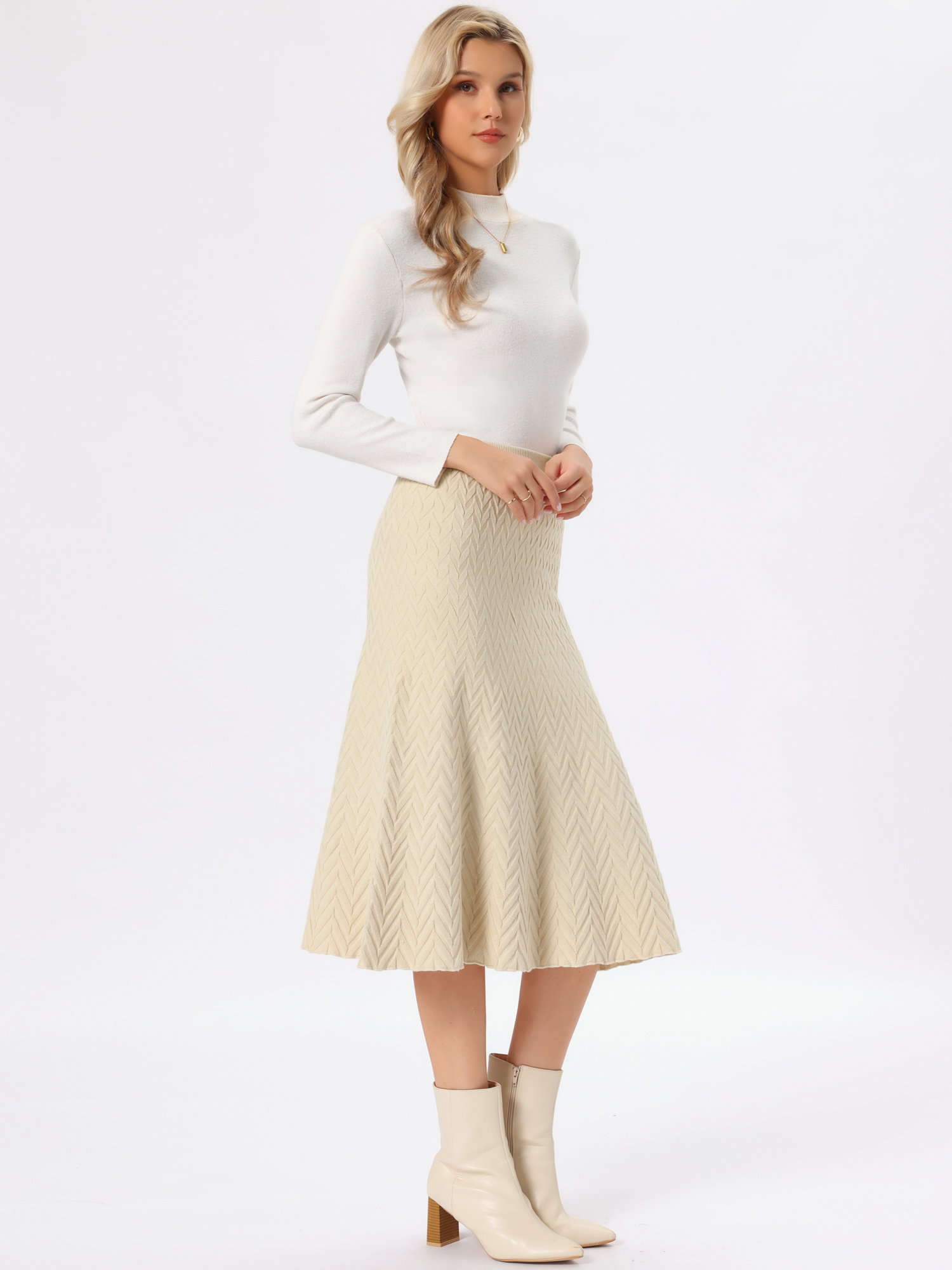 Stretchy Textured Knit Midi Fishtail Sweater Skirt Apricot/XS