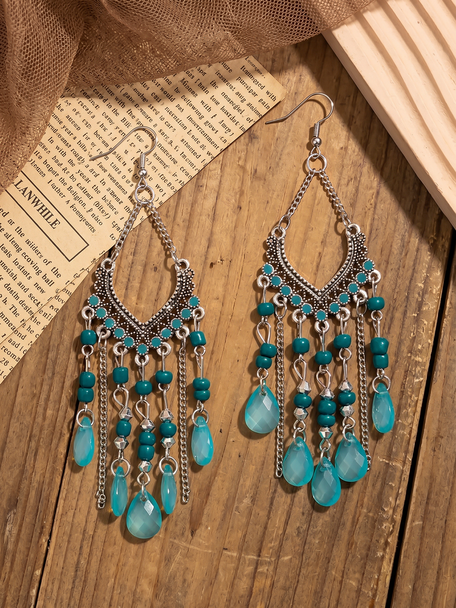 Bohemian Vintage Beaded Fringe Earrings Peacock Blue/M