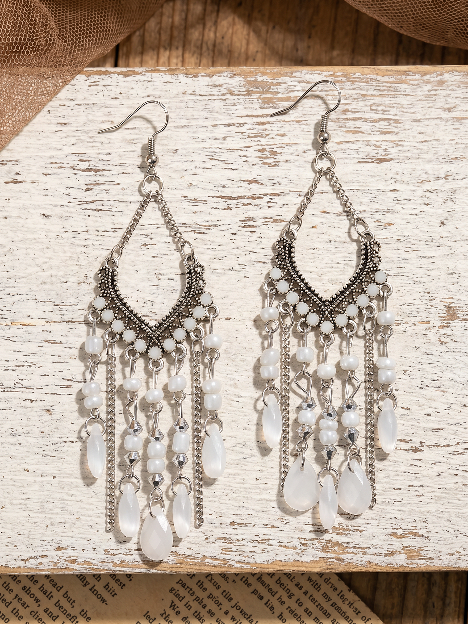 Bohemian Vintage Beaded Fringe Earrings Beige/M