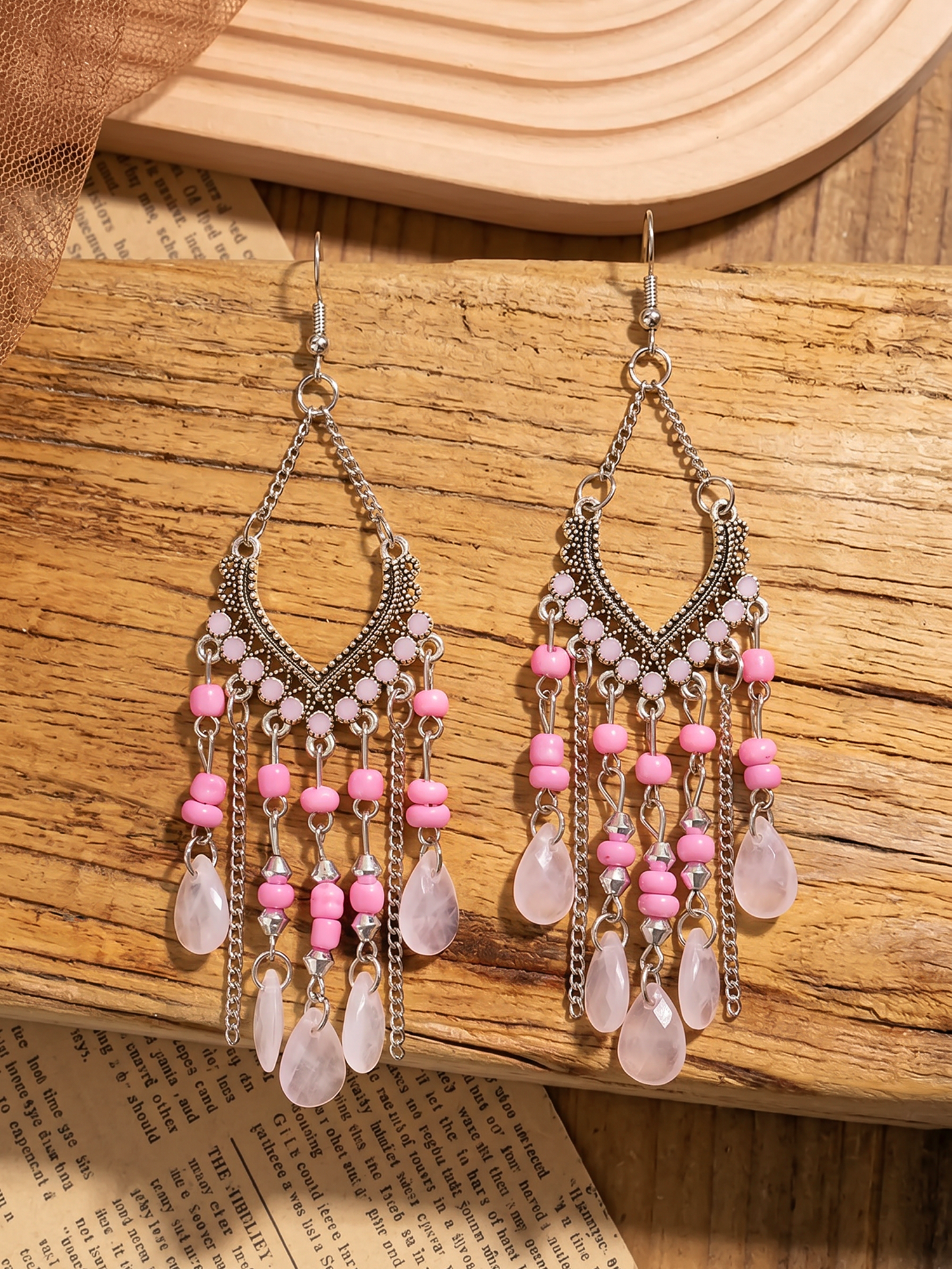 Bohemian Vintage Beaded Fringe Earrings Pink/M