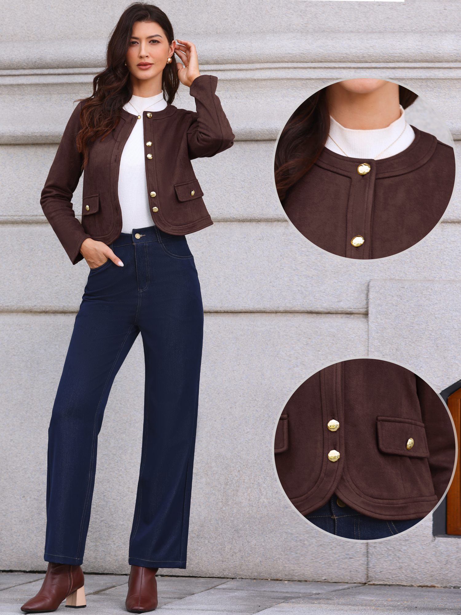 Crew Neck Long Sleeve Button Down Casual Cropped Jacket Dark Brown/XS