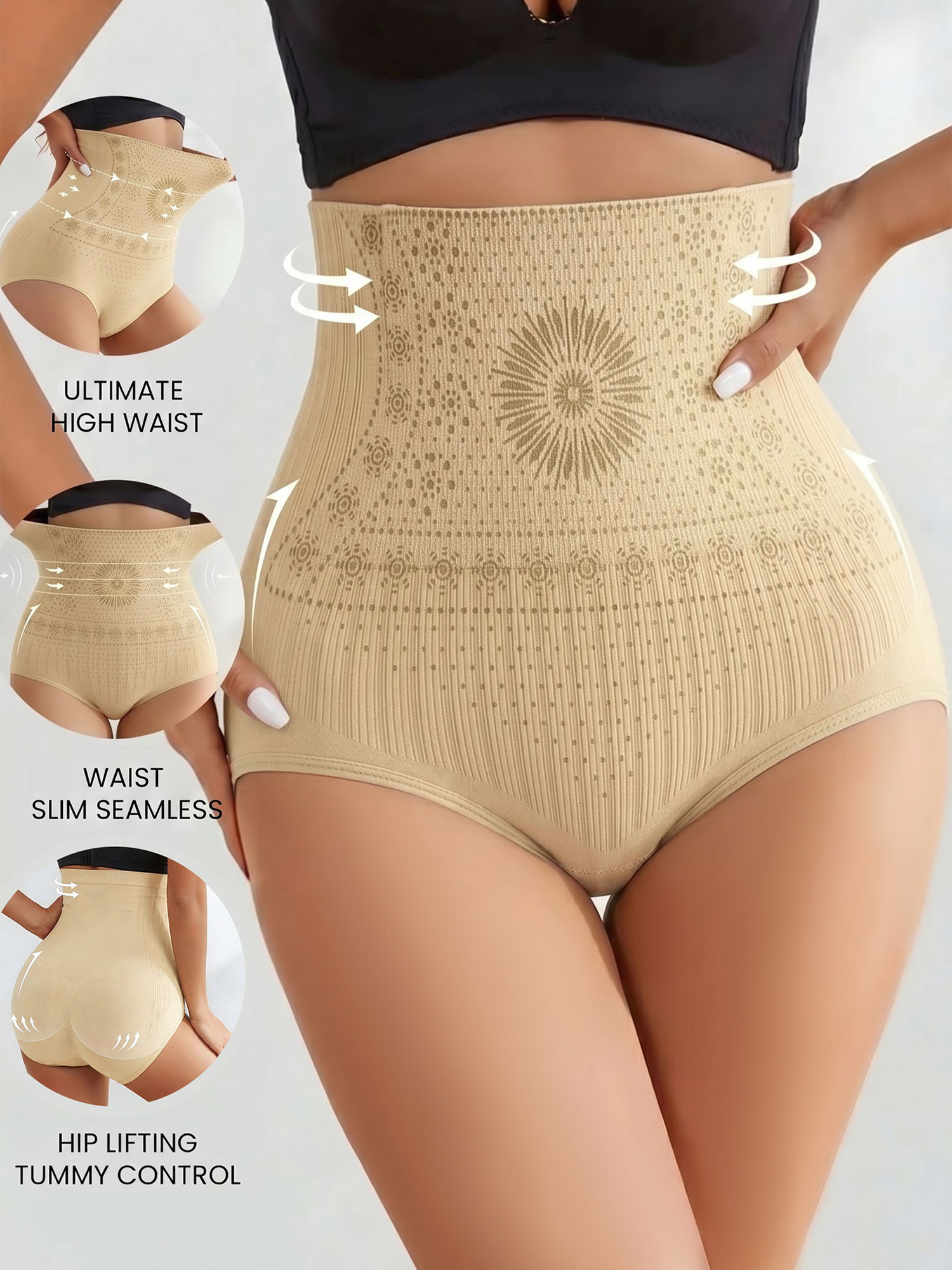 3 Pieces High-Waisted Stretchy Waist-Shaping Butt Lifting Panties Apricot/M