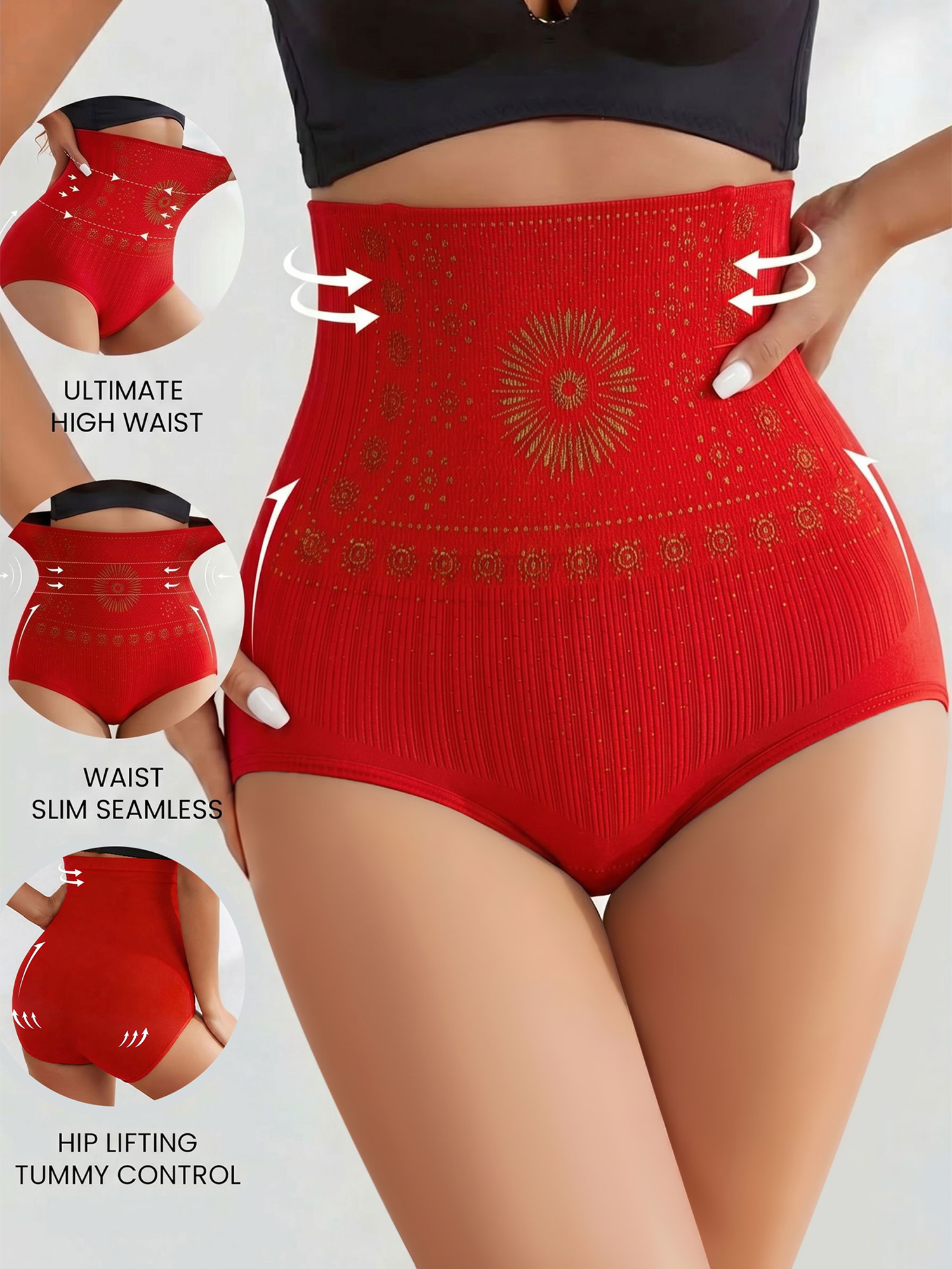 3 Pieces High-Waisted Stretchy Waist-Shaping Butt Lifting Panties Red/M