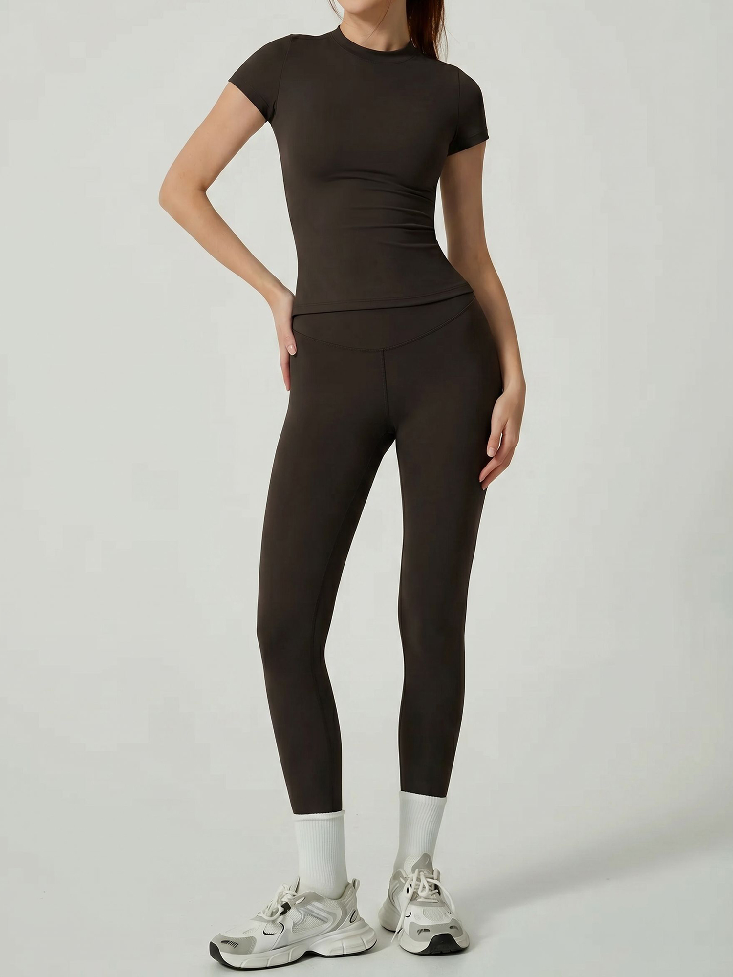 2 Pieces Short Sleeve Fitness and Yoga Workout Sports Matching Set Coffee/L