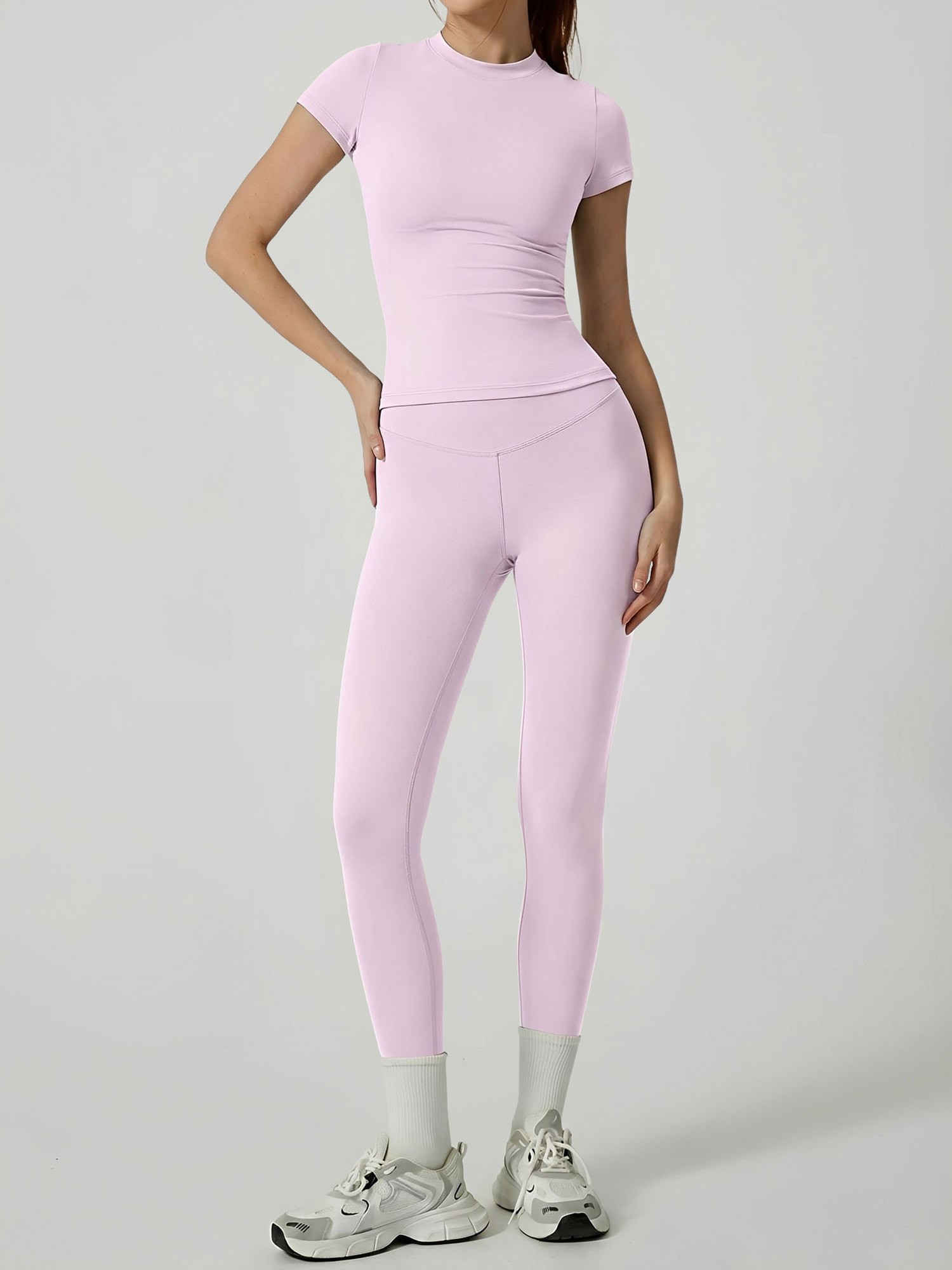 2 Pieces Short Sleeve Fitness and Yoga Workout Sports Matching Set Pink/XS