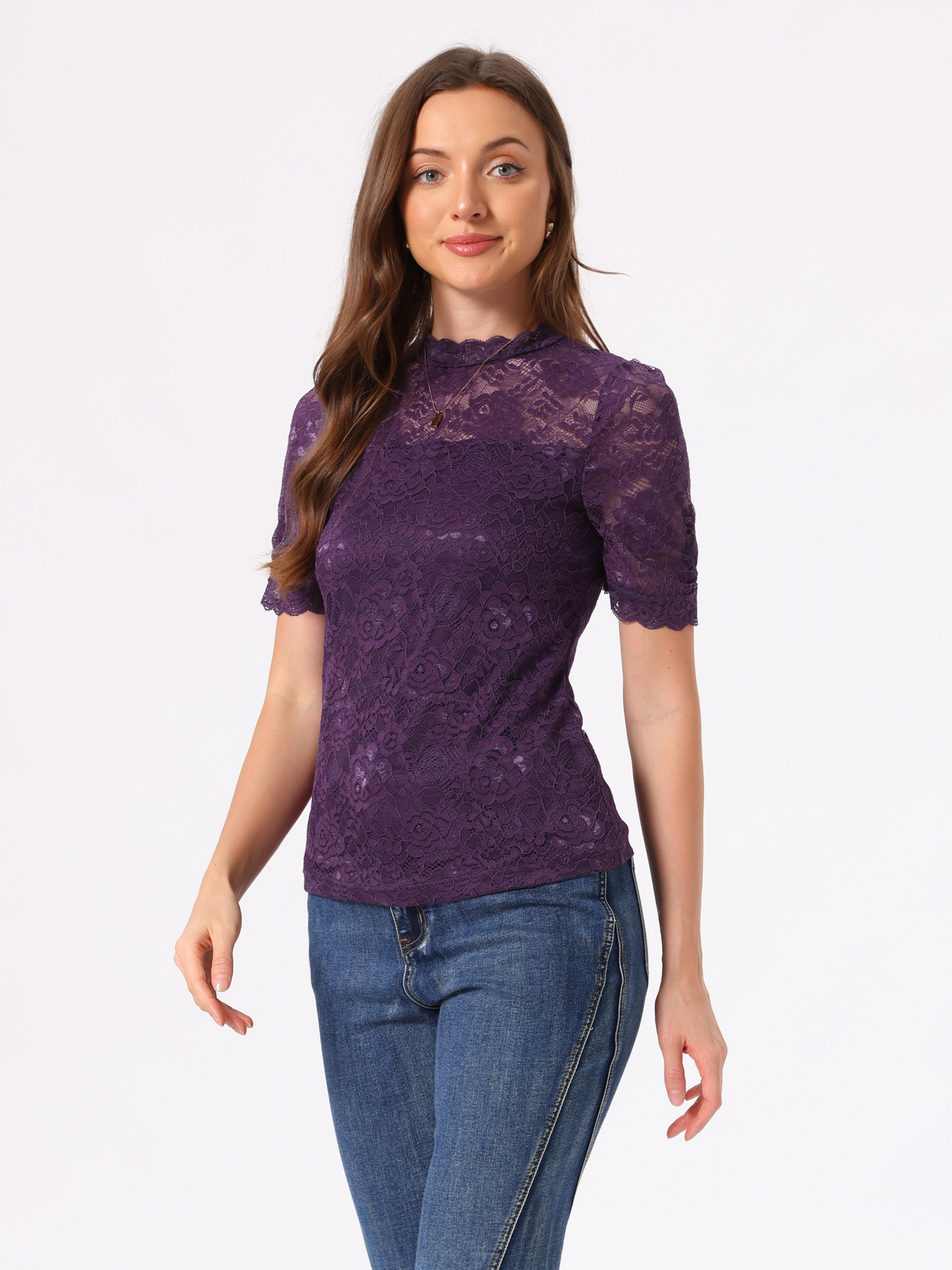Floral Lace Mock Neck Puff Short Sleeve Blouse Purple/L