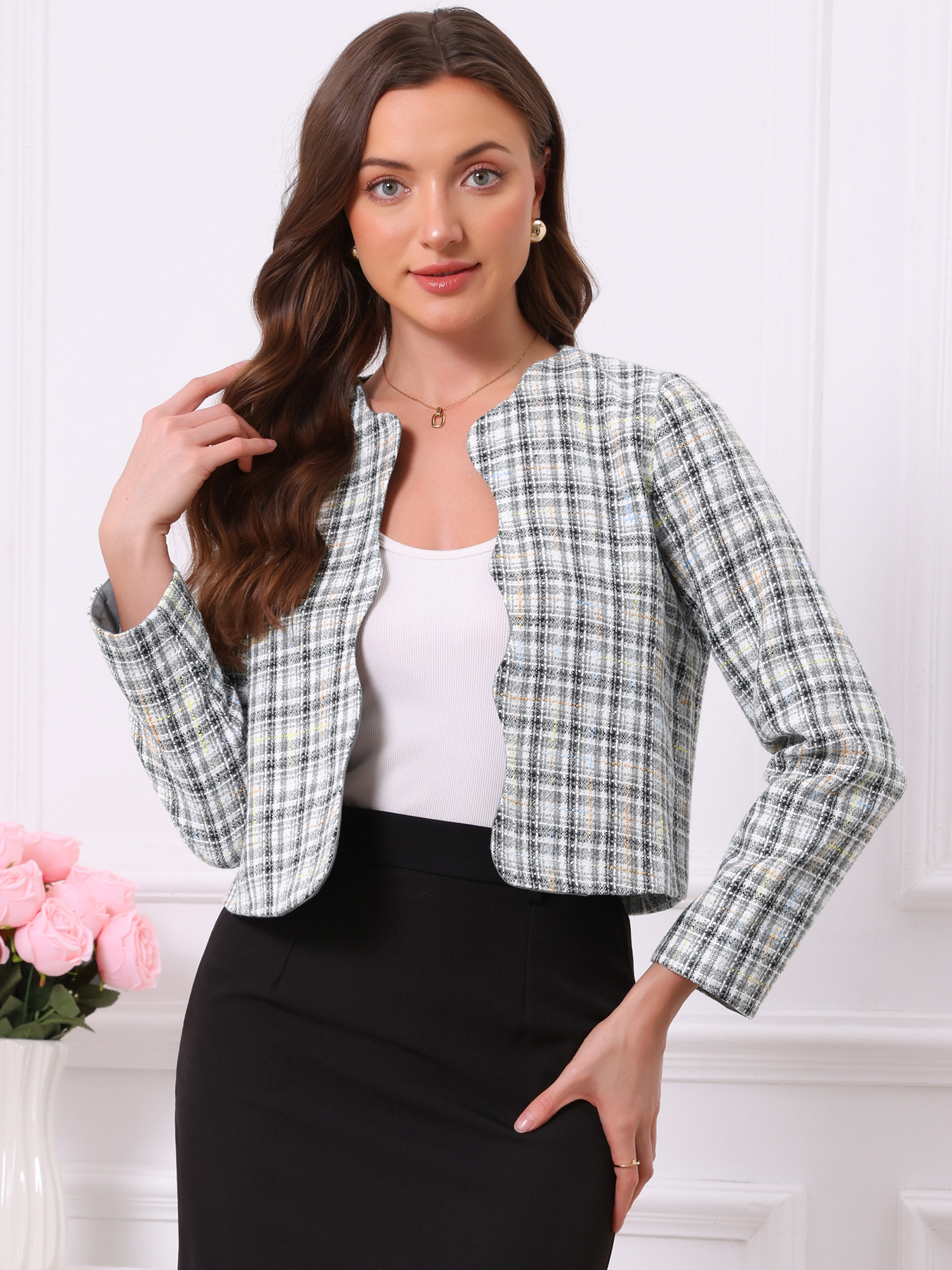 Tweed Collarless Open Front Work Business Cropped Jackets Grey/S