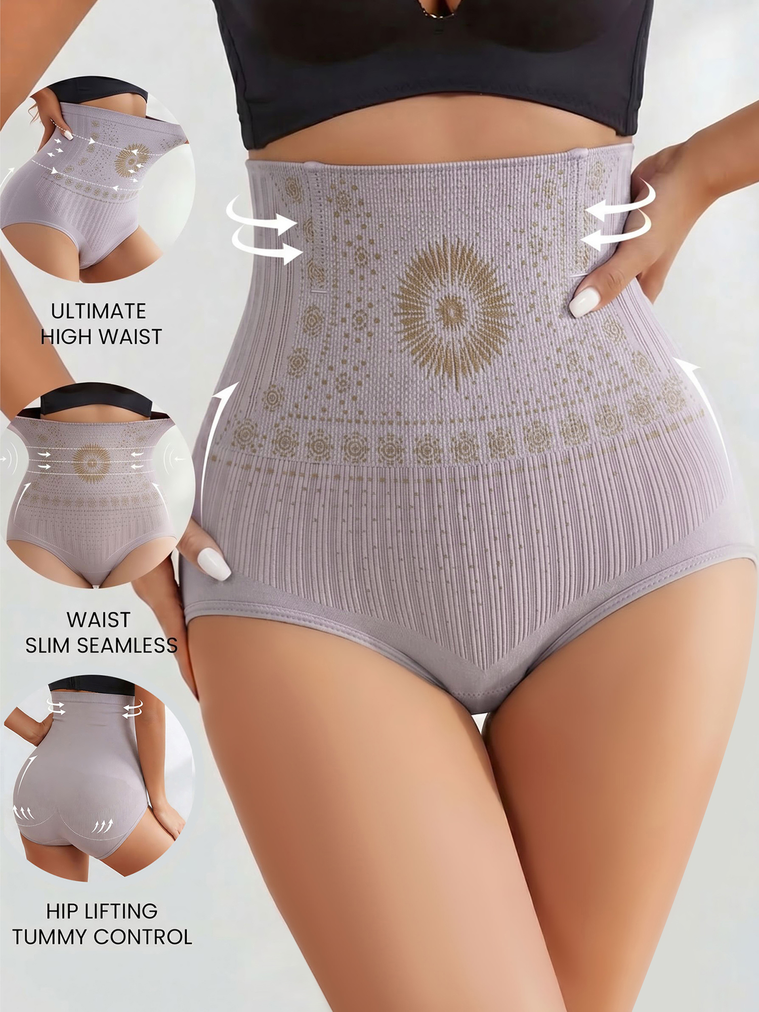 3 Pieces High-Waisted Stretchy Waist-Shaping Butt Lifting Panties Light Purple/S