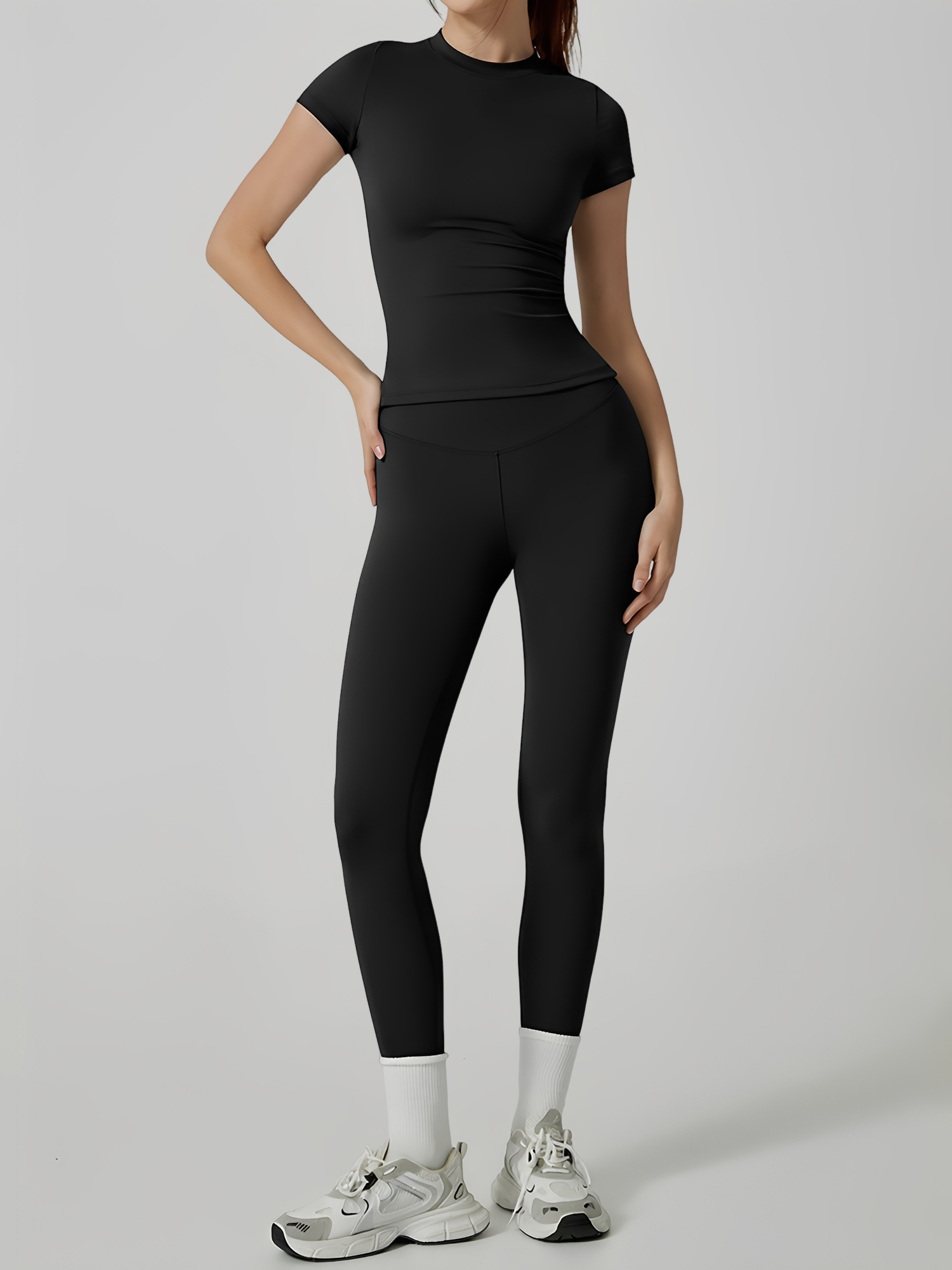 2 Pieces Short Sleeve Fitness and Yoga Workout Sports Matching Set Black/L