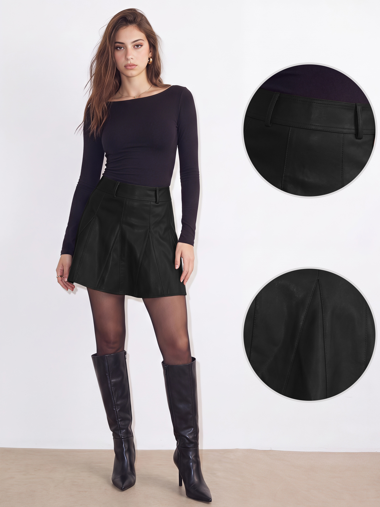 Faux Leather Zipper Mini Flared A-Line Skirt Black/L