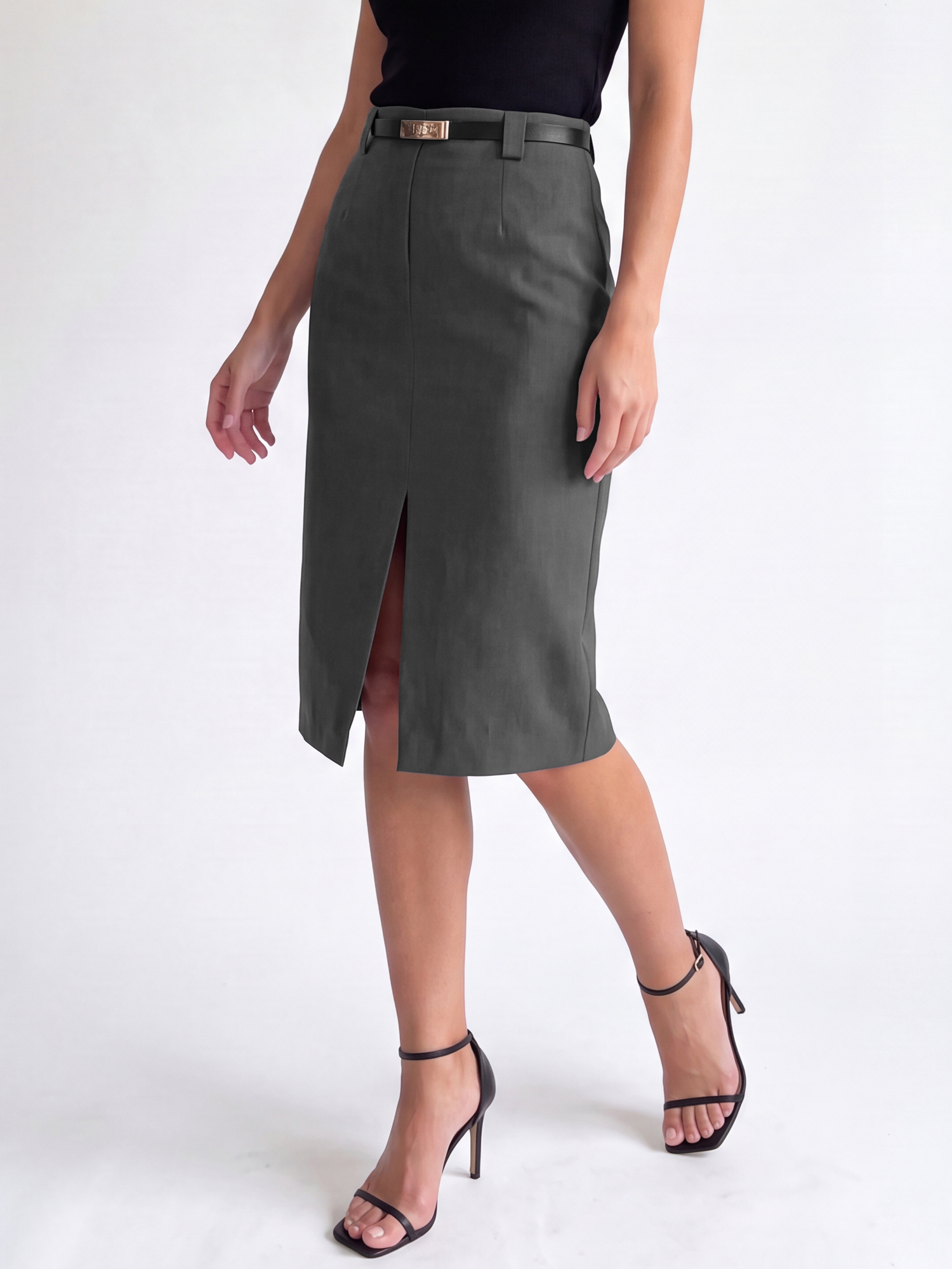 Slit Belted Office Business Work Knee Length Pencil Skirt Grey/XS