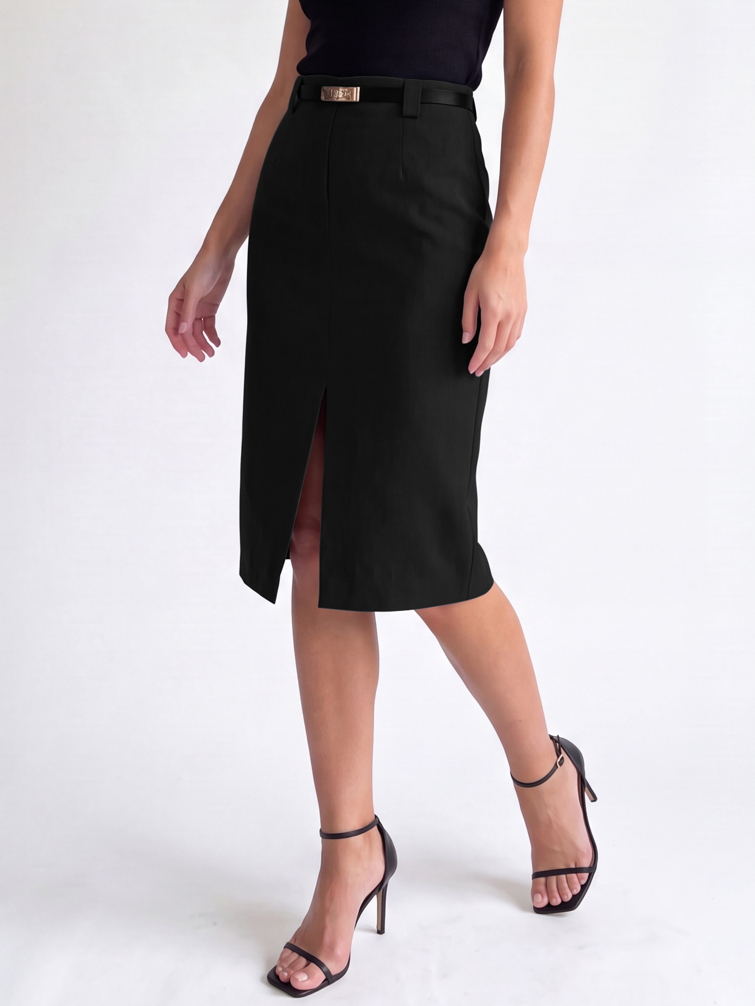 Slit Belted Office Business Work Knee Length Pencil Skirt Black/L