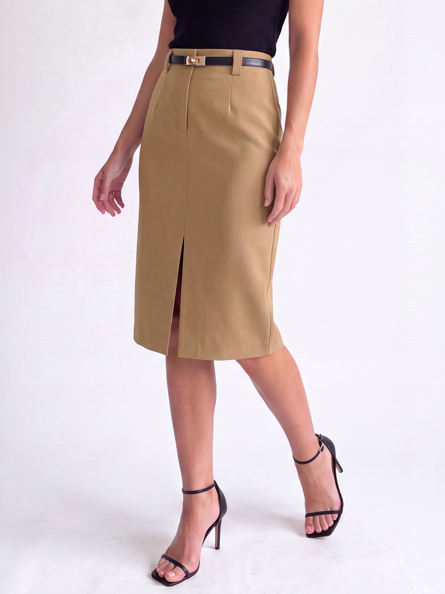 Slit Belted Office Business Work Knee Length Pencil Skirt Khaki/XS
