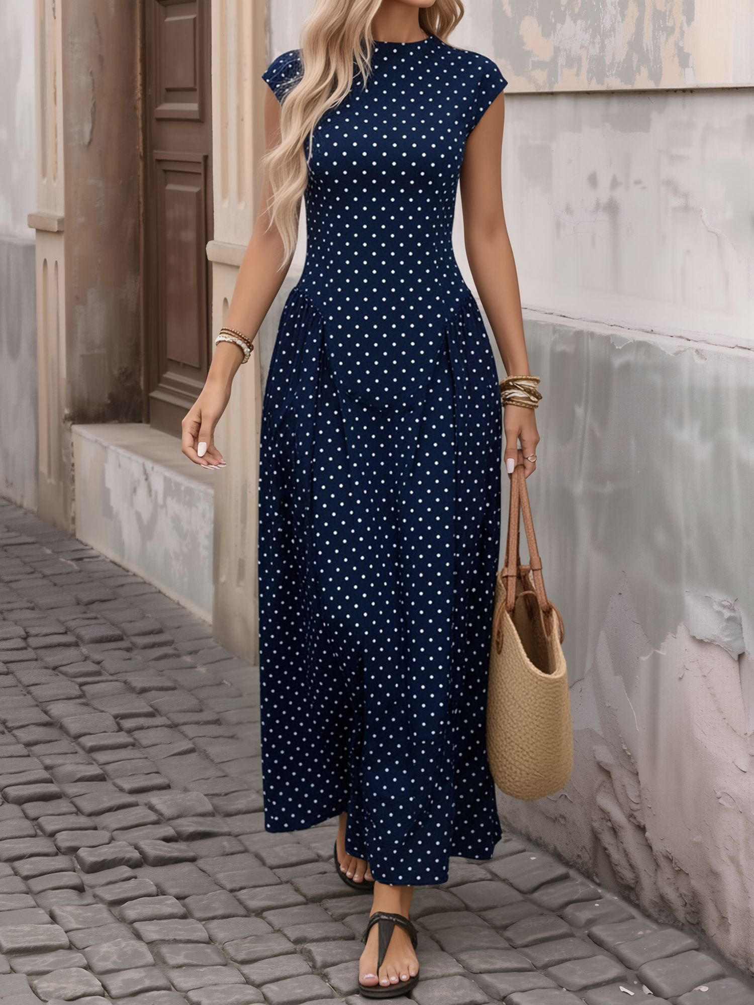 Polka Dot Print Cap Sleeves A-Line Maxi Dress Blue/M