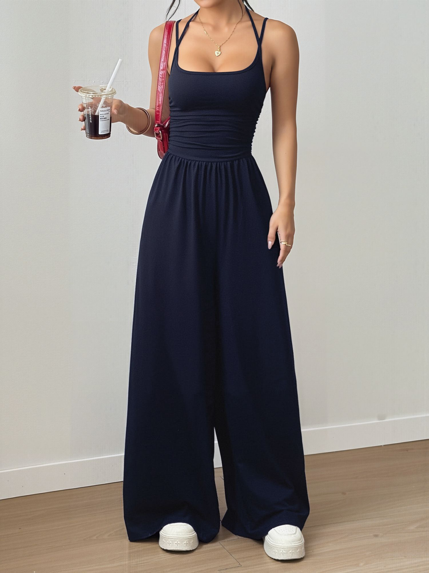 Spaghetti Strap Halter Neck Wide Leg Jumpsuits Dark