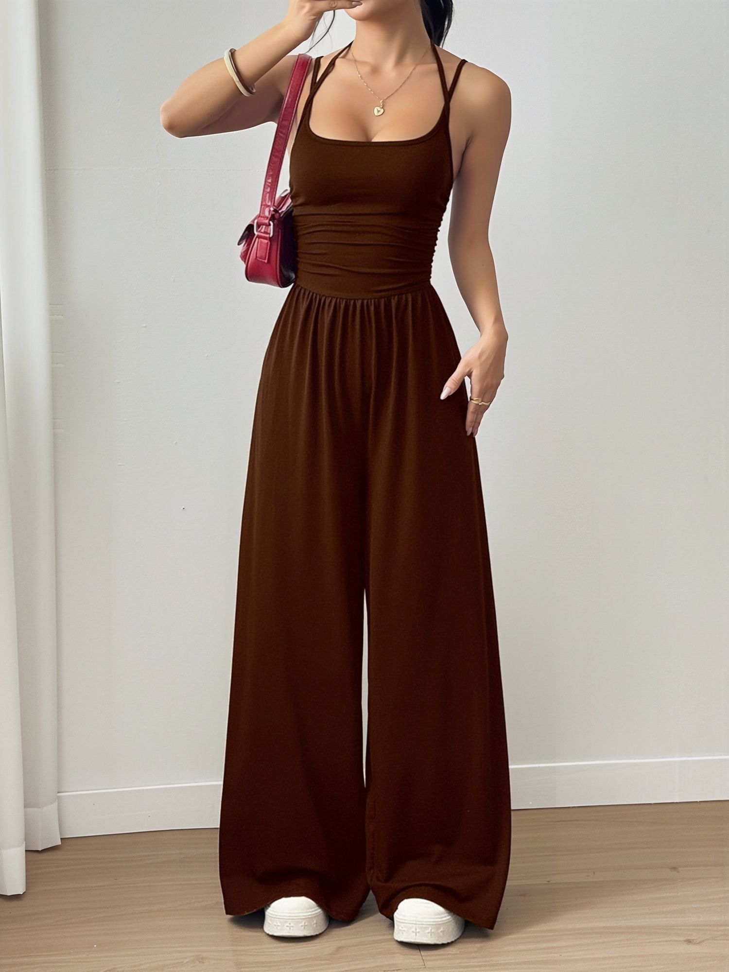 Spaghetti Strap Halter Neck Wide Leg Jumpsuits Coffee/M
