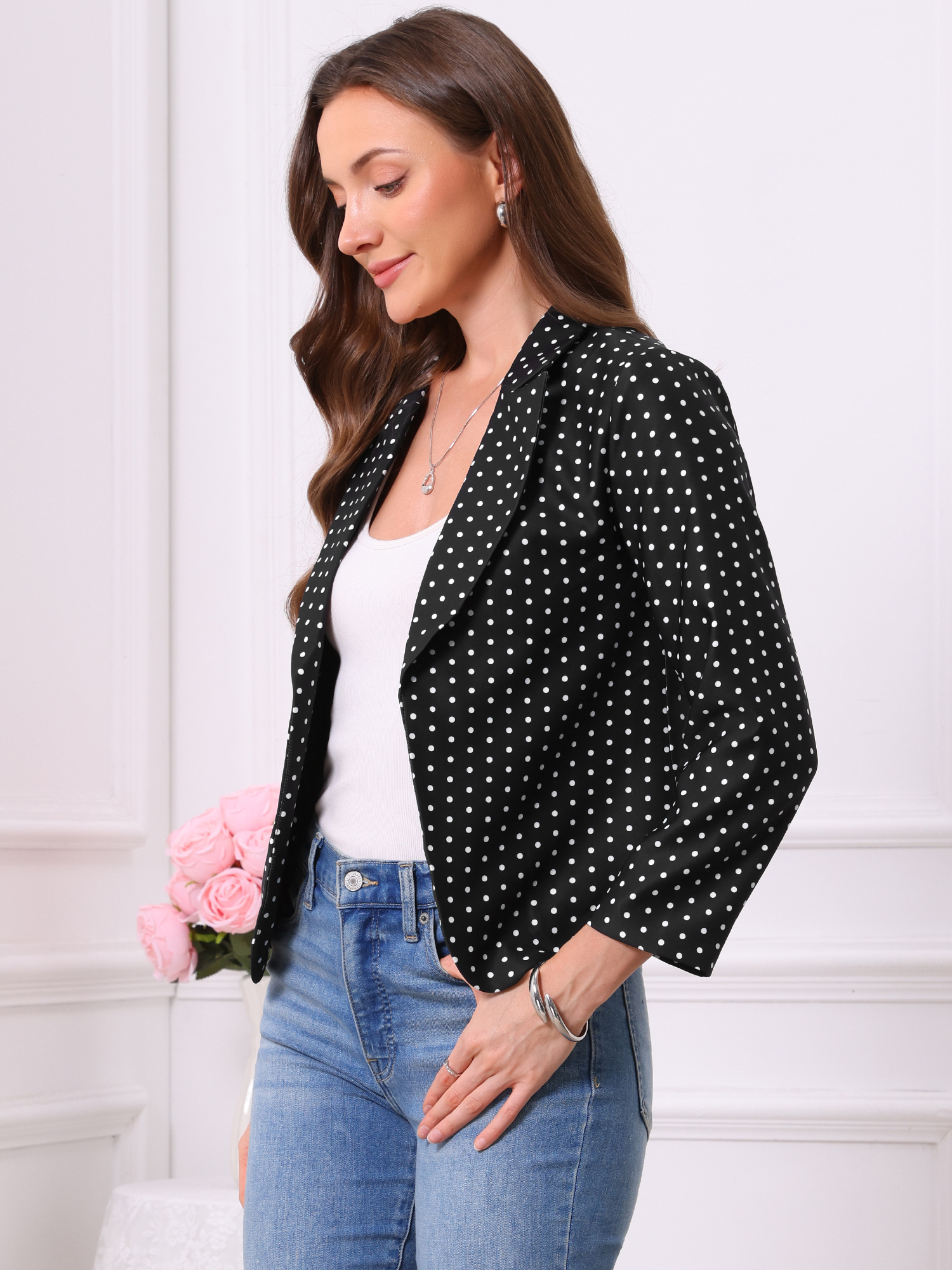 Open Front Office Work Business Crop Suit Blazer Jacket Blacl-Polka Dot/L