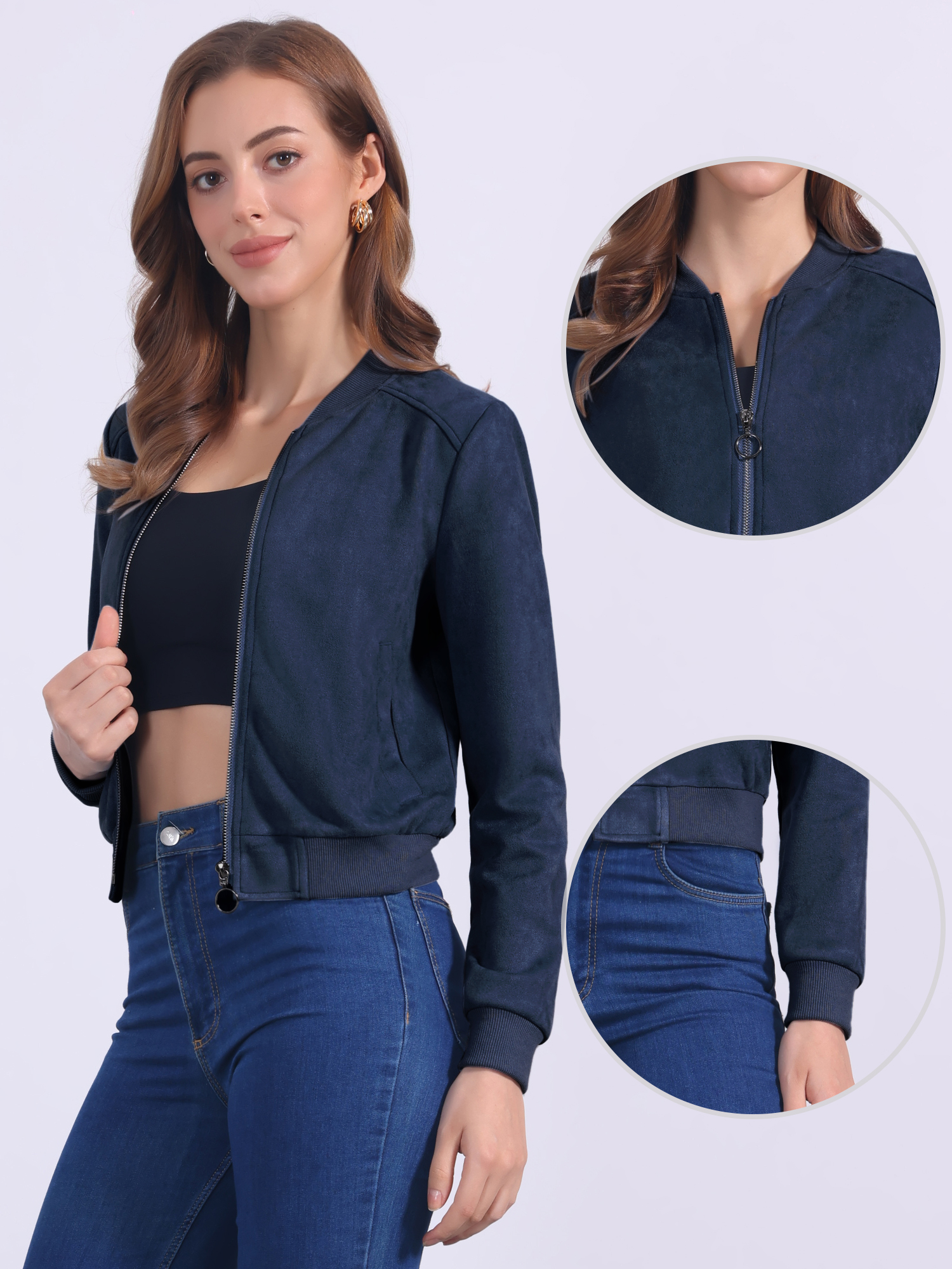Faux Suede Crop Stand Collar Zip Up Biker Moto Bomber Jackets Dark Blue/M