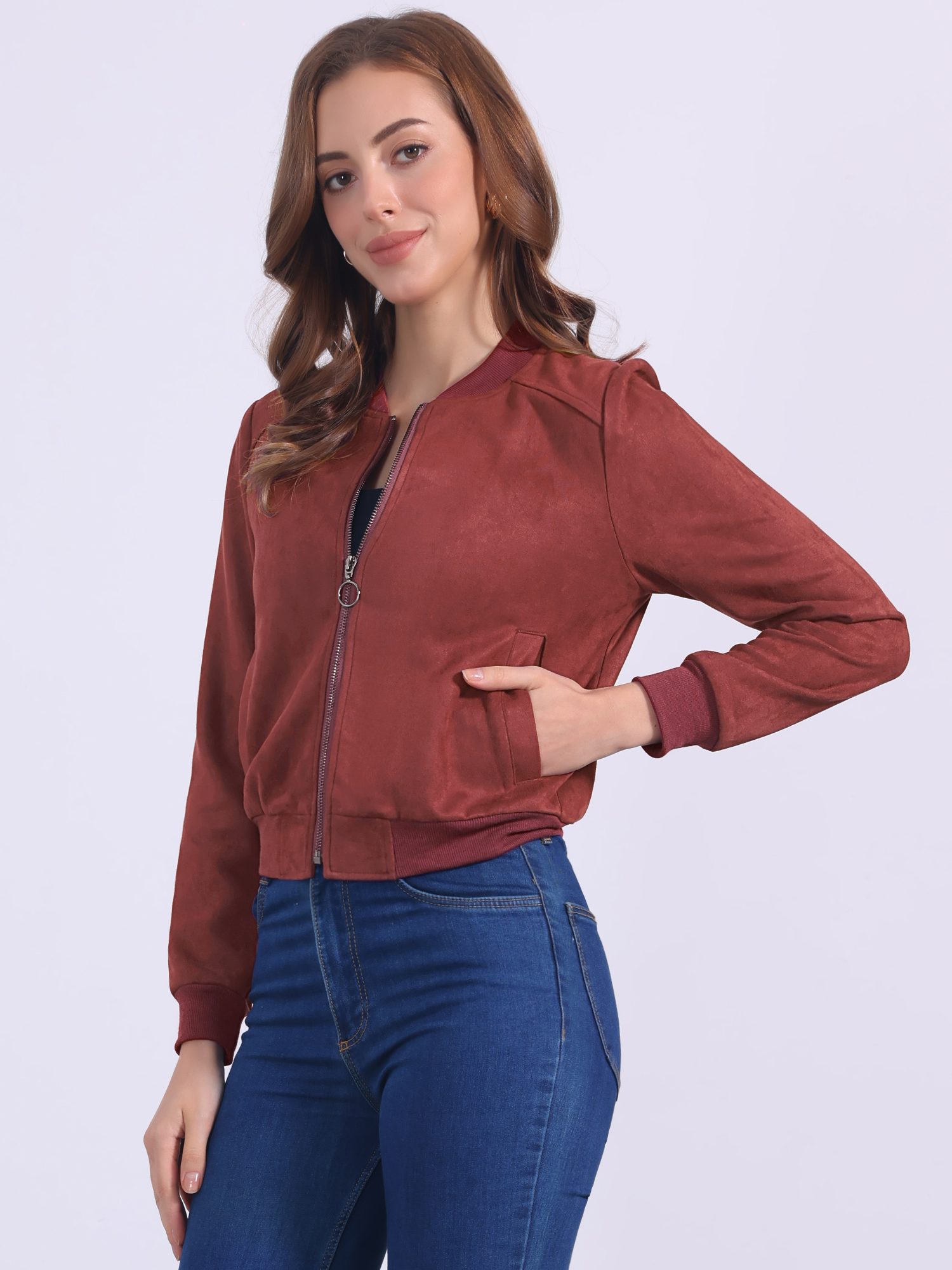 Faux Suede Crop Stand Collar Zip Up Biker Moto Bomber Jackets Brown Red/M