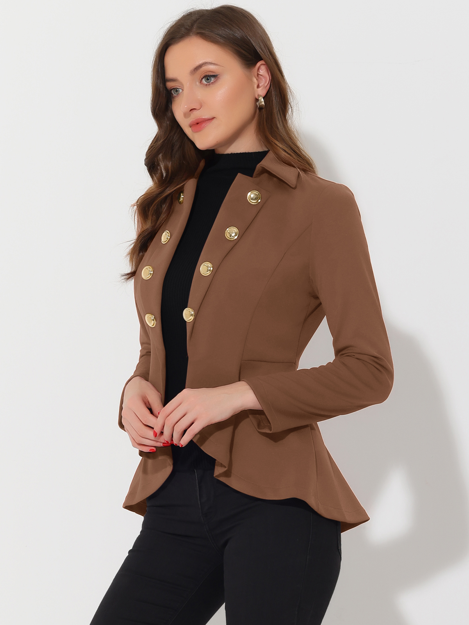 Steampunk High Low Hem Long Sleeve Peplum Jacket Brown/XS