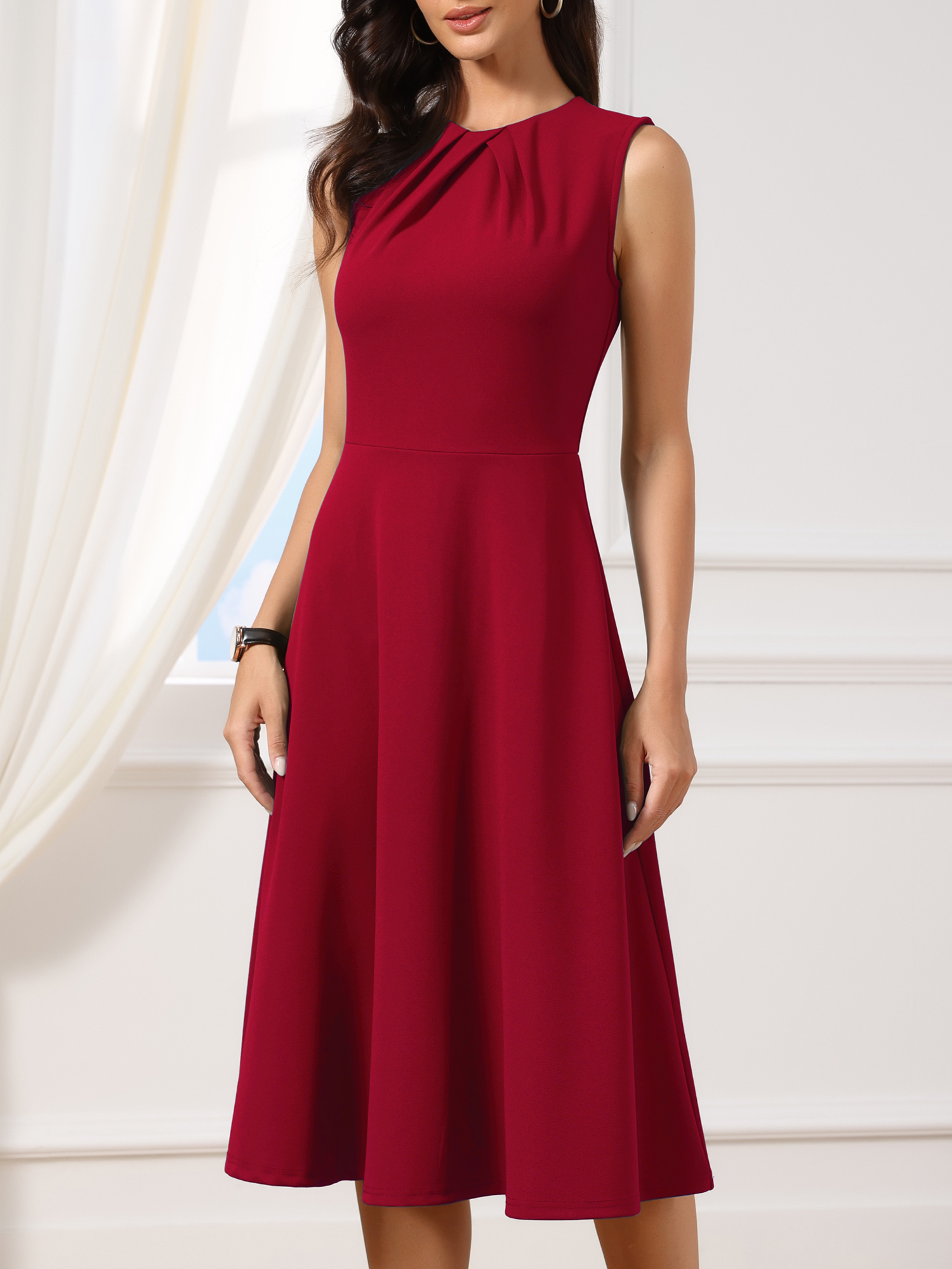 Pleated Crew Neck Sleevess Work A-Line Midi Dress Dark Red/XS