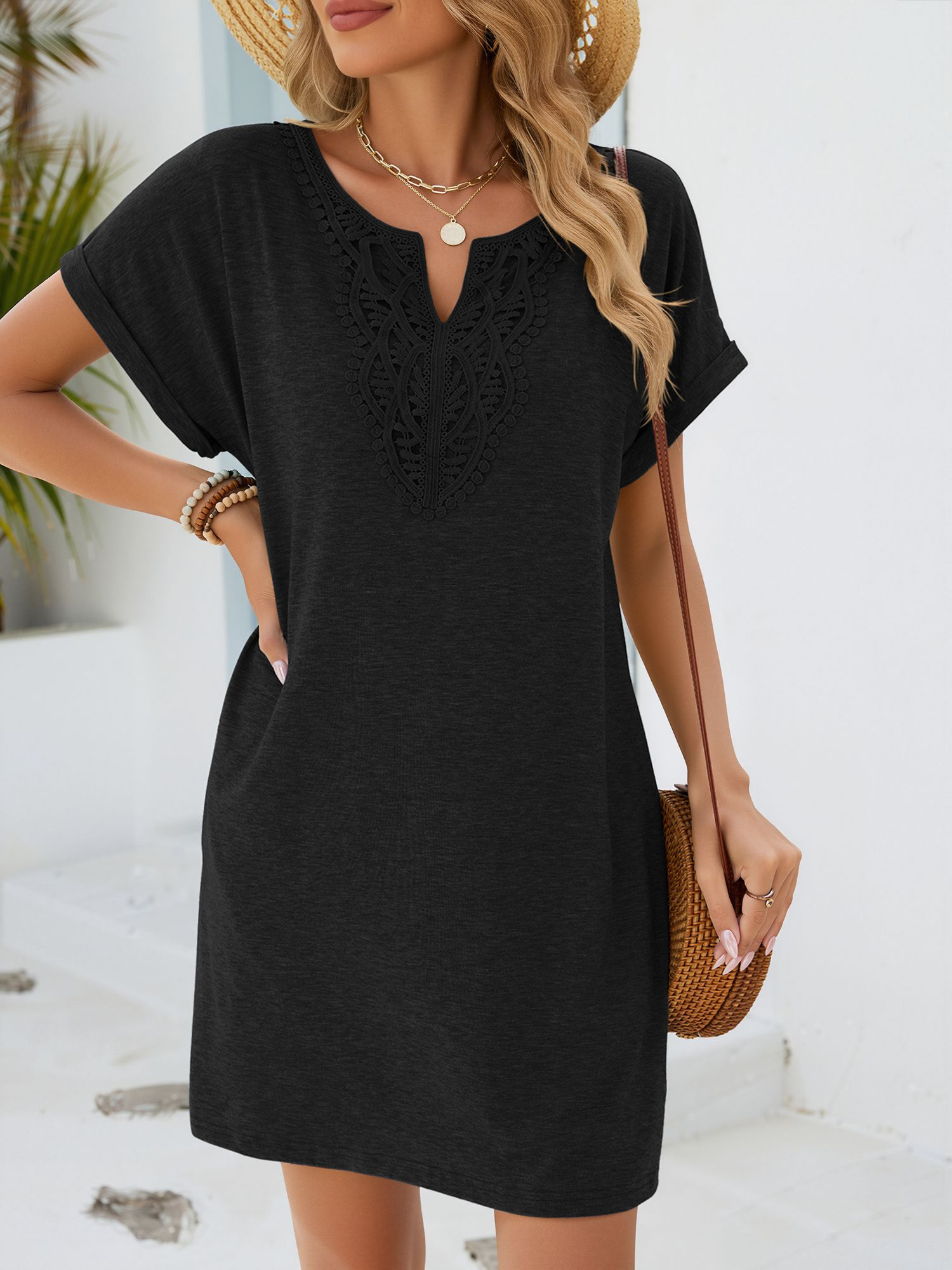 Notch Neck Short Sleeve Lace Pocketed Dress Black/2XL