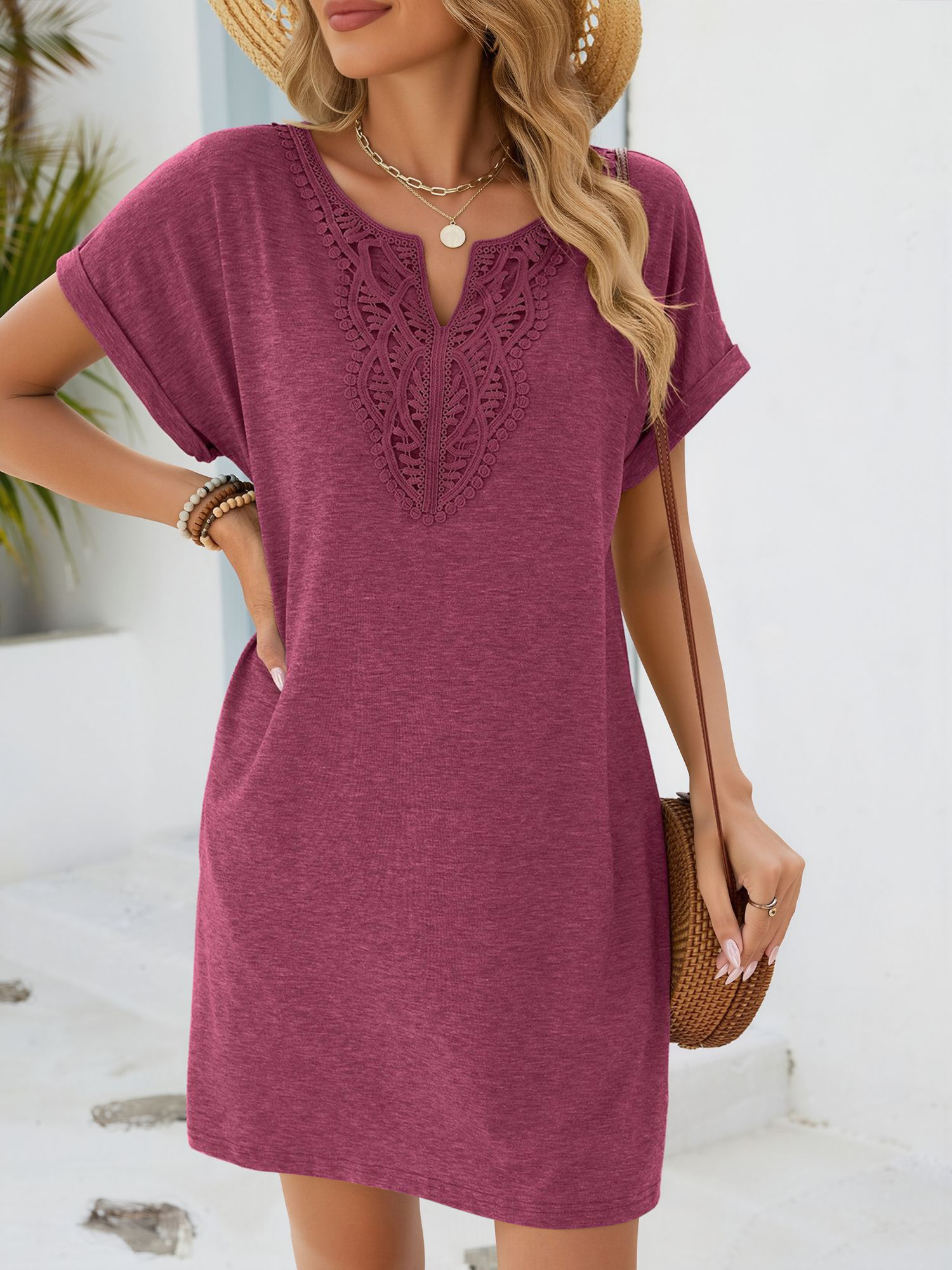 Notch Neck Short Sleeve Lace Pocketed Dress Burgundy/L