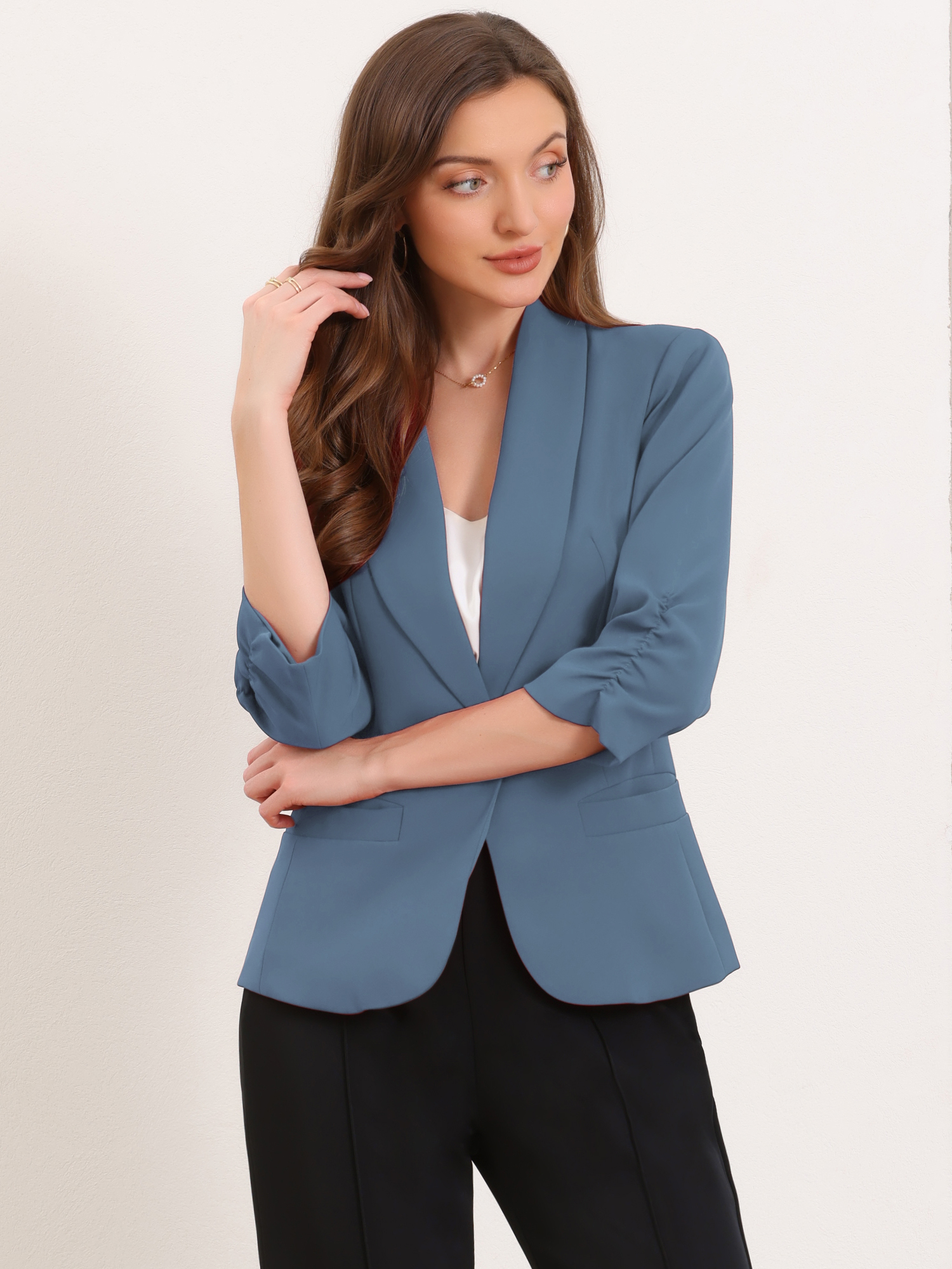 Shawl Lapel Ruched 3/4 Sleeves Pocketed Single Button Office Blazer Grey Blue/XS