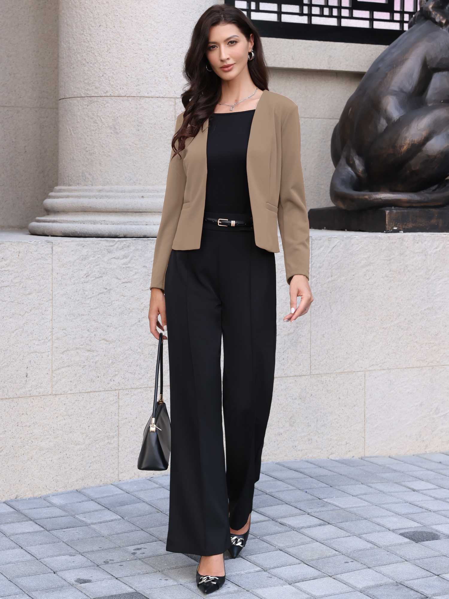 Work Office Long Sleeve Open Front Collarless Blazer Dark Khaki/L