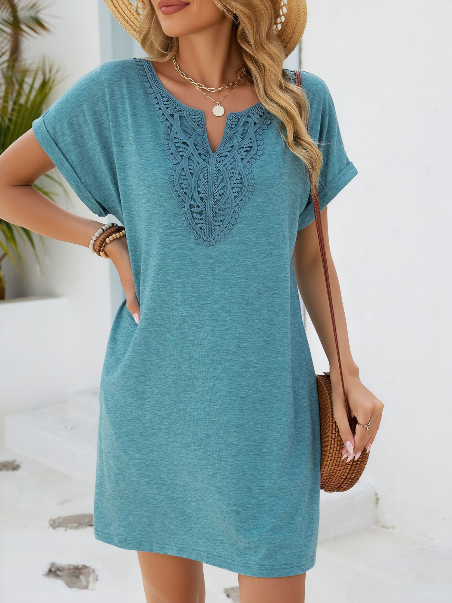 Notch Neck Short Sleeve Lace Pocketed Dress Blue/S