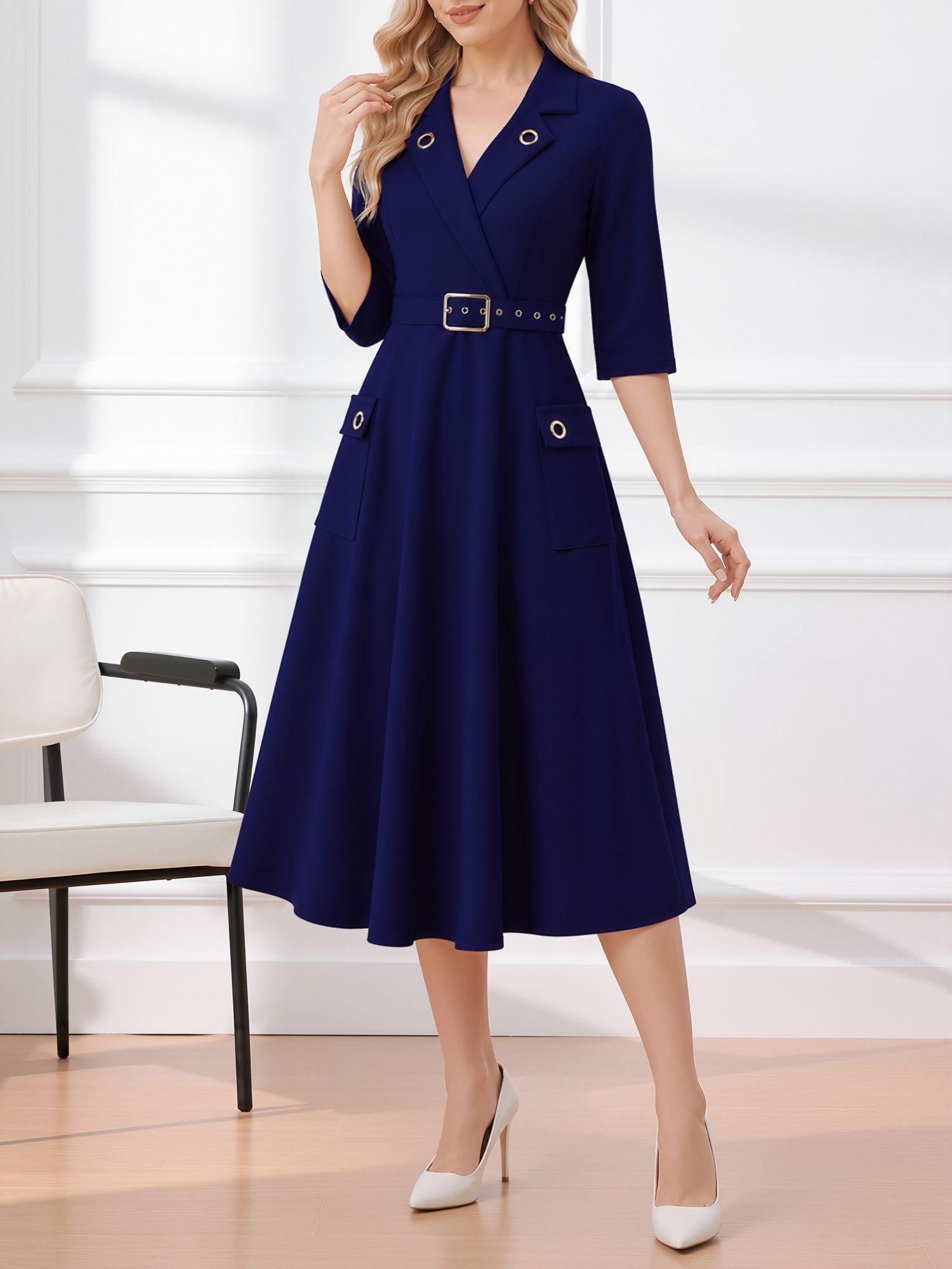 Notched Lapel Belted Pocketed Midi A-Line Dress Dark Blue/L