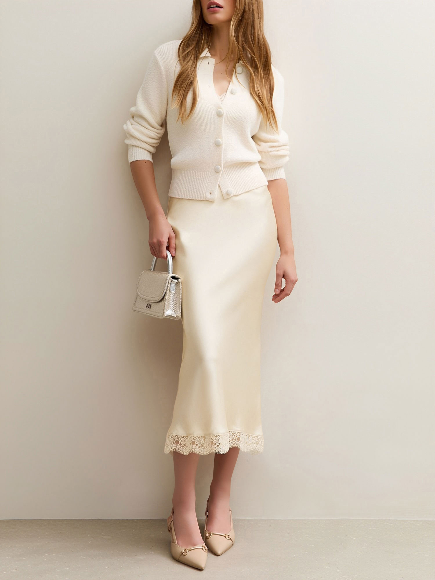 Lace Satin Elastic High Waist Midi Skirt Apricot/M