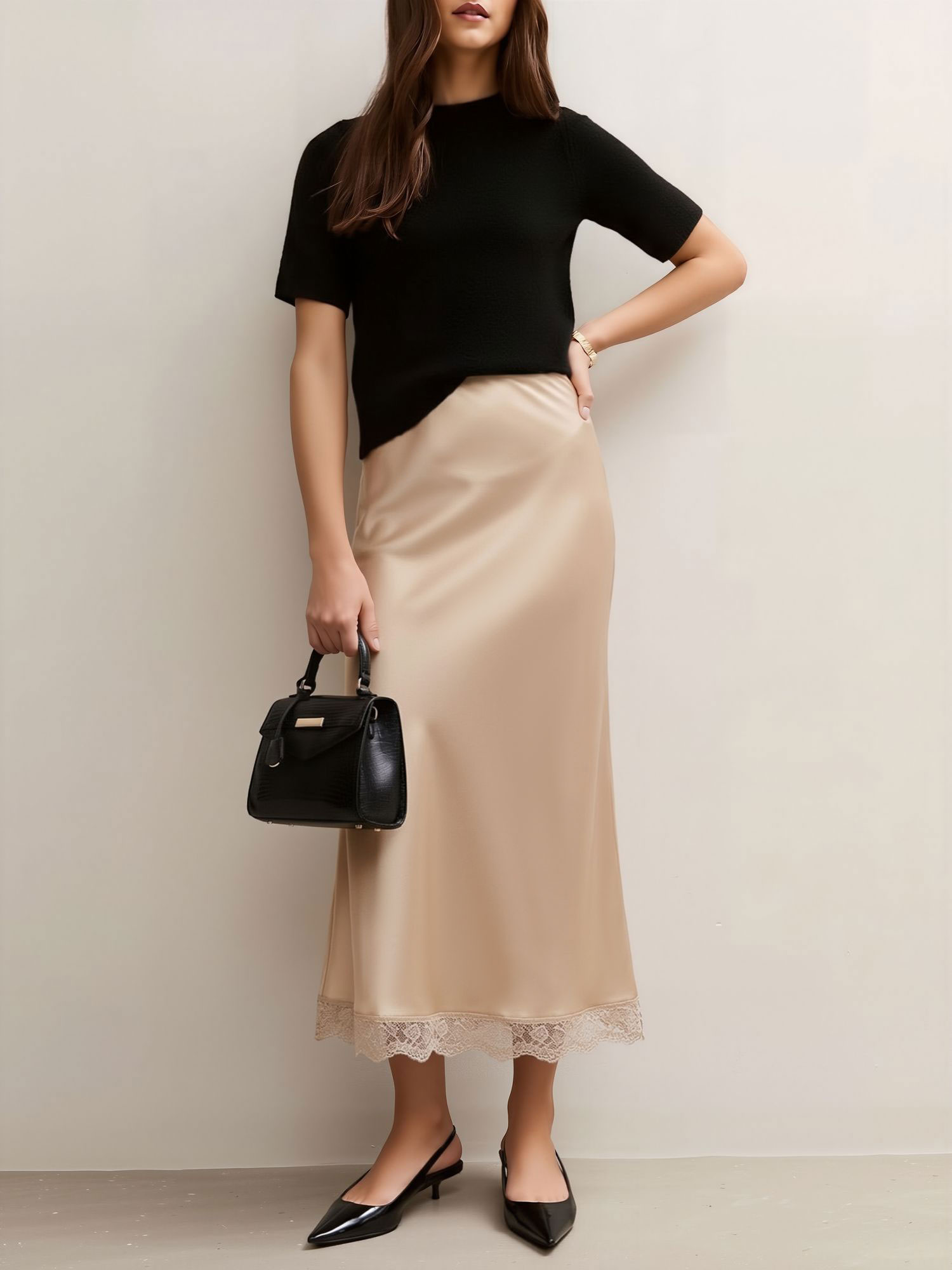 Lace Satin Elastic High Waist Midi Skirt Champagne/XS