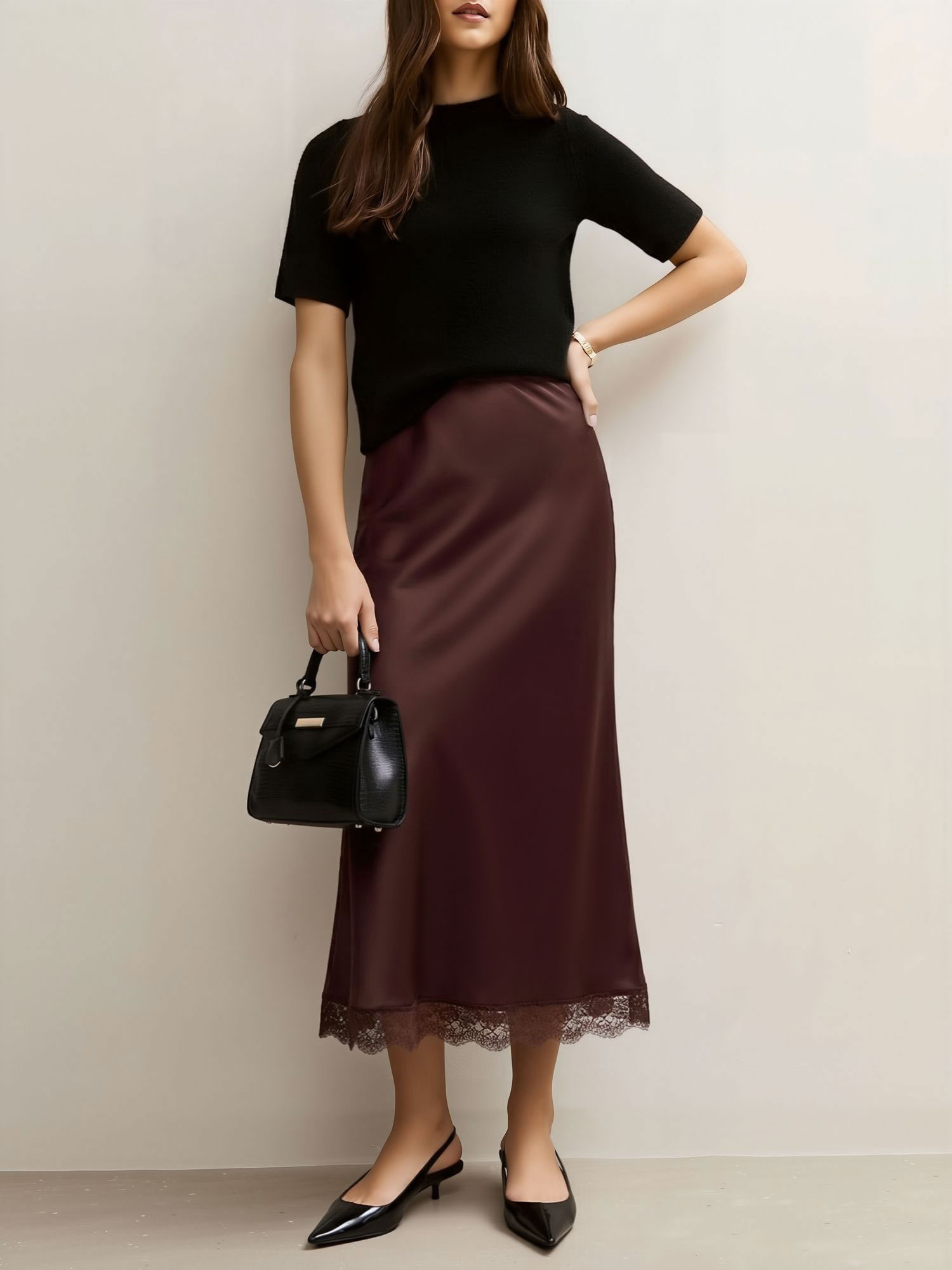 Lace Satin Elastic High Waist Midi Skirt Brown/S