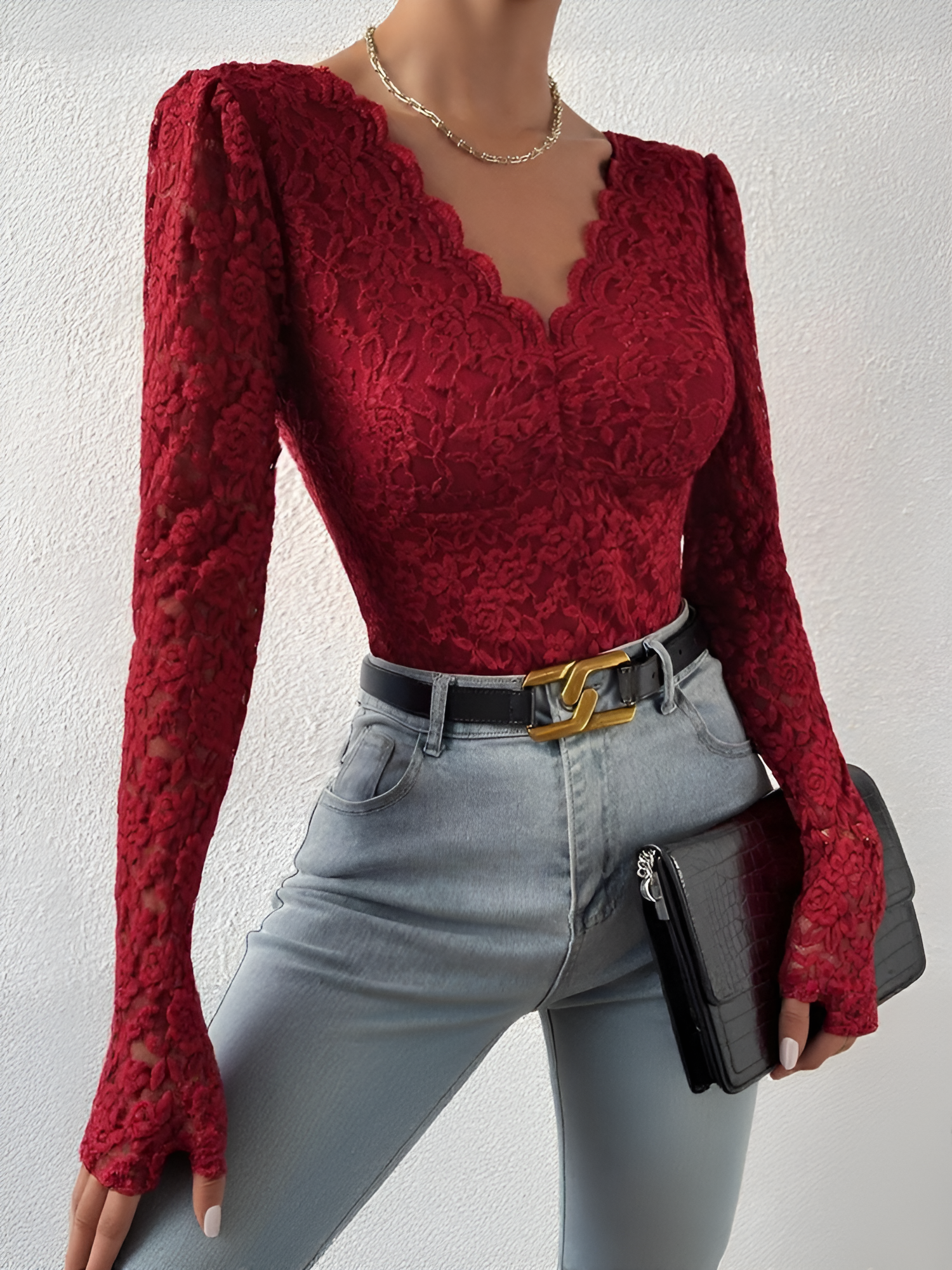 Solid Color Lace Long Sleeve Sheer Fitted Bodysuit Burgundy/XS
