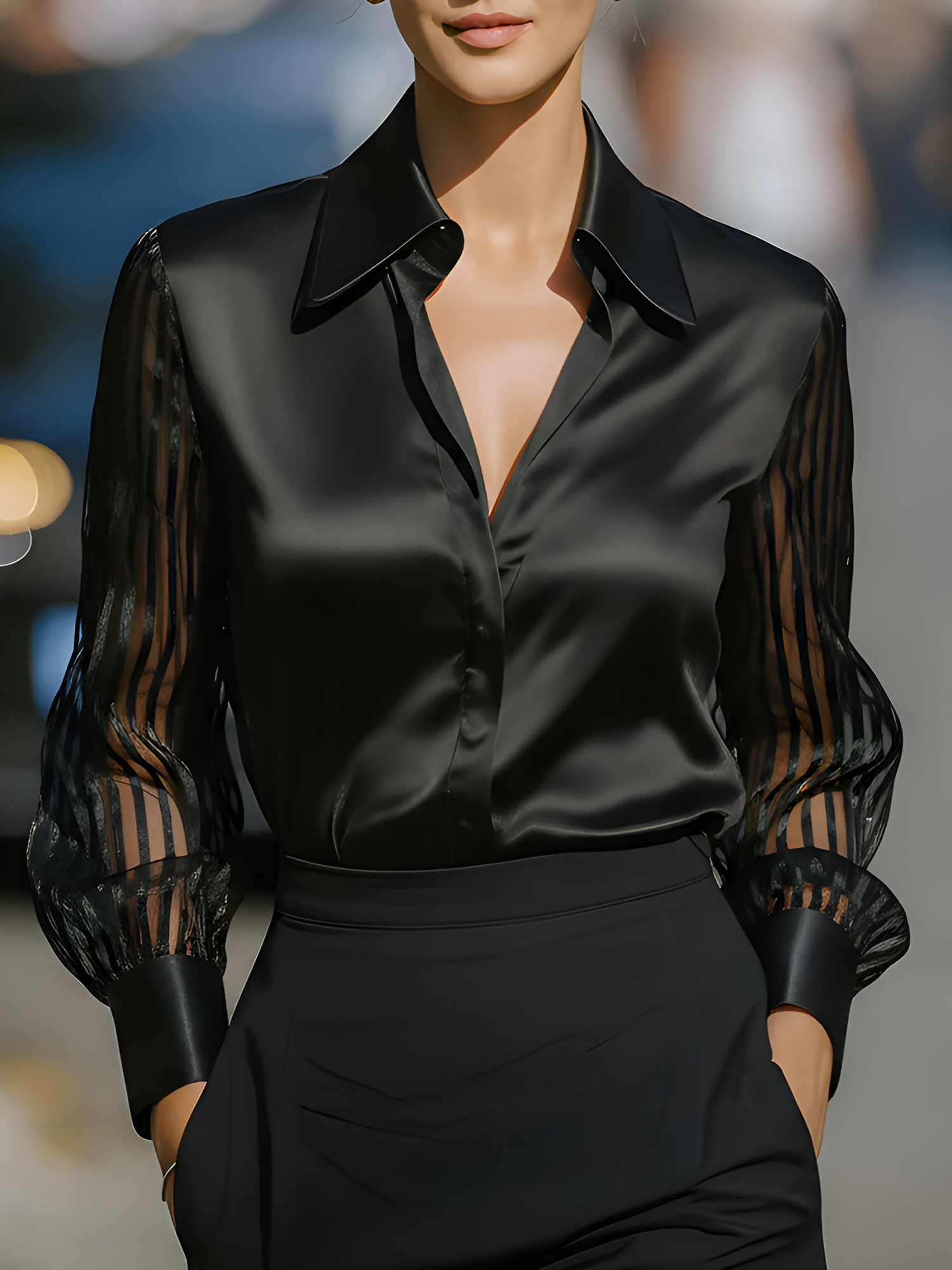 Collared Satin Sheer Long Sleeves Work Blouse Black/S
